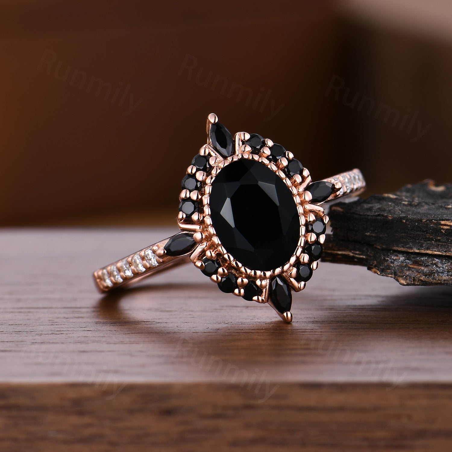 Vintage Black Onyx Engagement Ring Antique Oval Gem Bridal Rose Gold Promise Ring