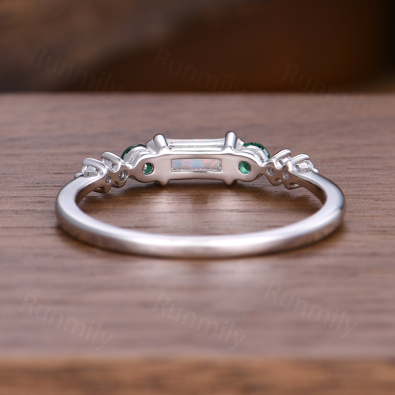 Baguette Cut White Opal Wedding Band Sterling Silver Seven Stone Stacking Matching Band Unique Opal Emerald Wedding Anniversary Ring Gifts