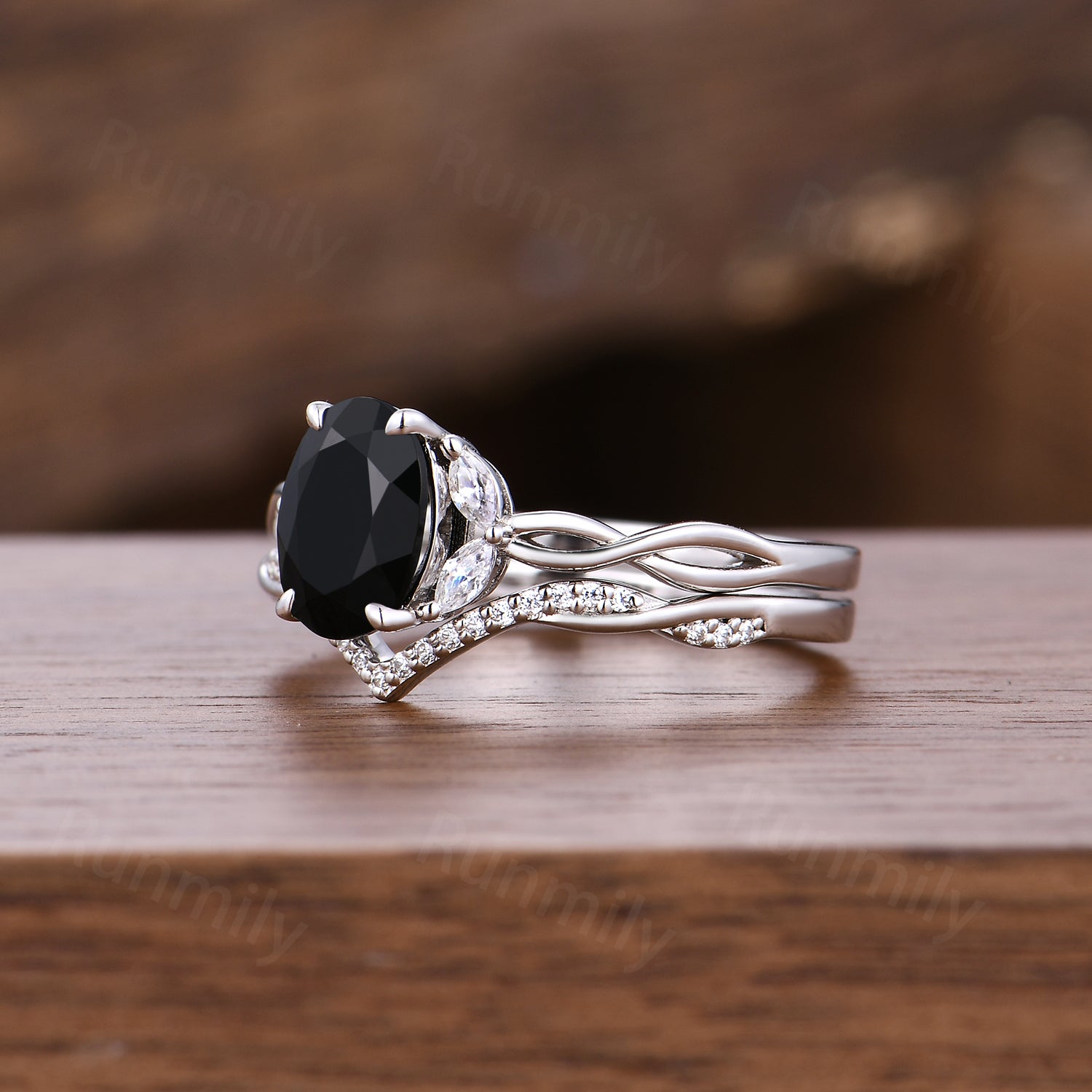 Twisted Black Onyx Engagement Ring Set Art Deco Curved Moissanite Stacking Bridal Wedding Ring Dainty Promise Ring Women