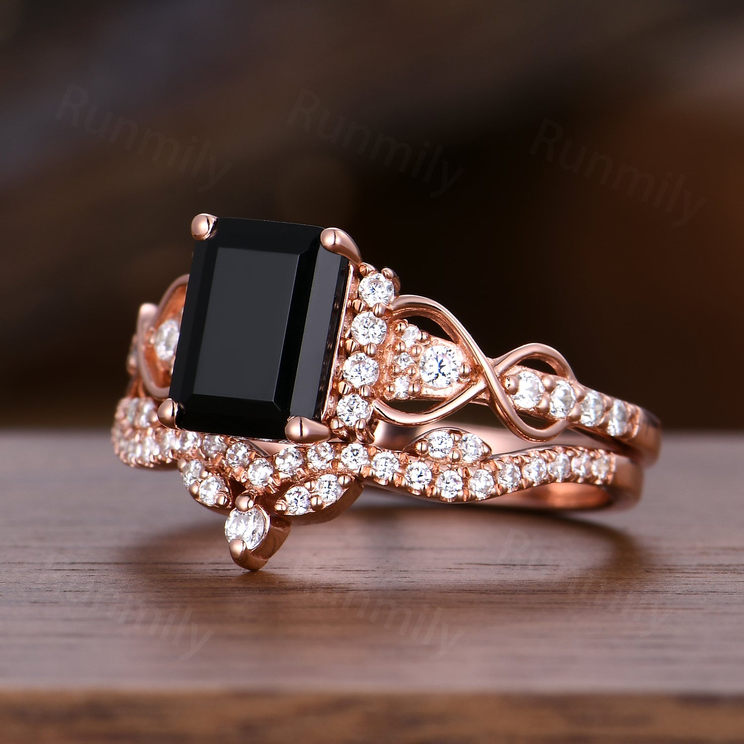 Emerald Cut Black Onyx Engagement Ring Set Unique Rose Gold Bridal Ring Set Moissanite Cluster Wedding Curved Stacking Band Promise Ring Set