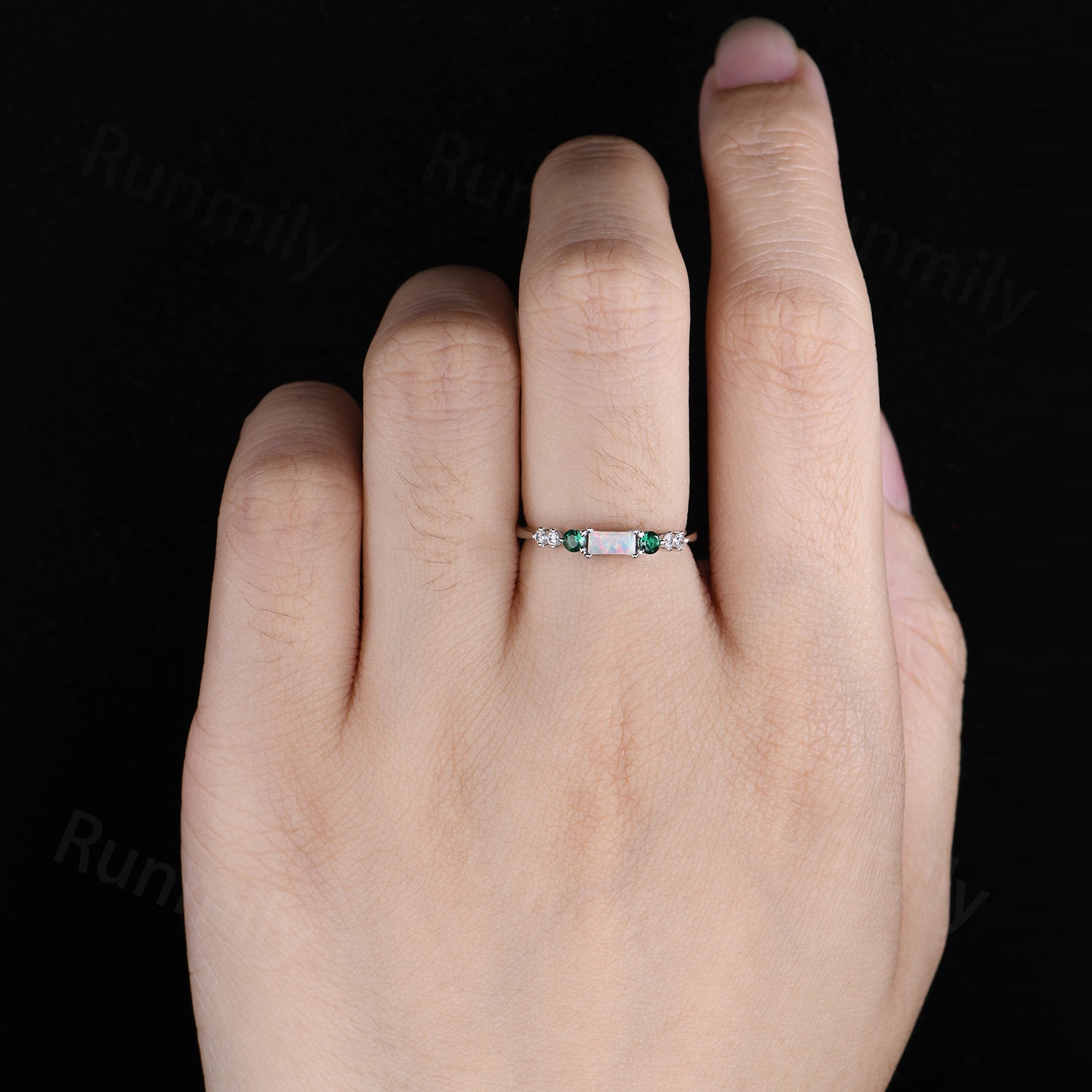 Baguette Cut White Opal Wedding Band Sterling Silver Seven Stone Stacking Matching Band Unique Opal Emerald Wedding Anniversary Ring Gifts