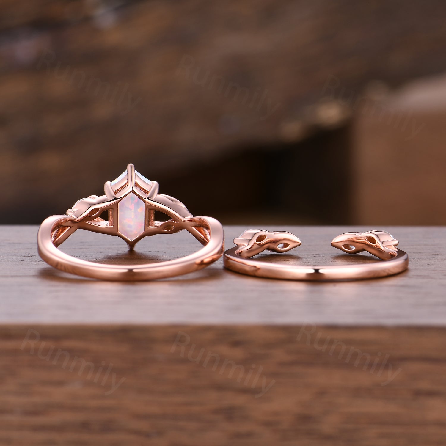 Nature Leaf Opal Engagement Ring Set, Rose Gold Twist Moissanite Ring, Open Gap Wedding Band, Vintage Hexagon Cut Bridal Promise Ring