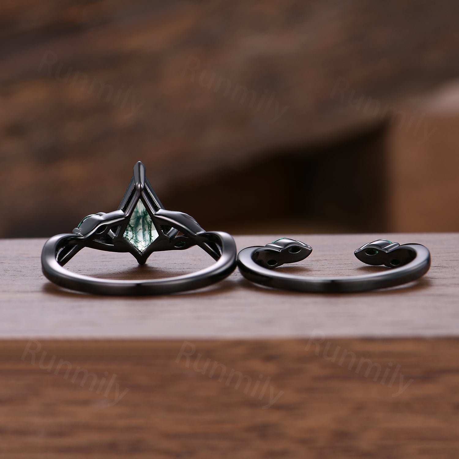 Kite Cut Moss Agate Engagement Ring Set Vintage Black Gold Emerald Ring Marquise Open Gap Band Bridal Set Anniversary Ring