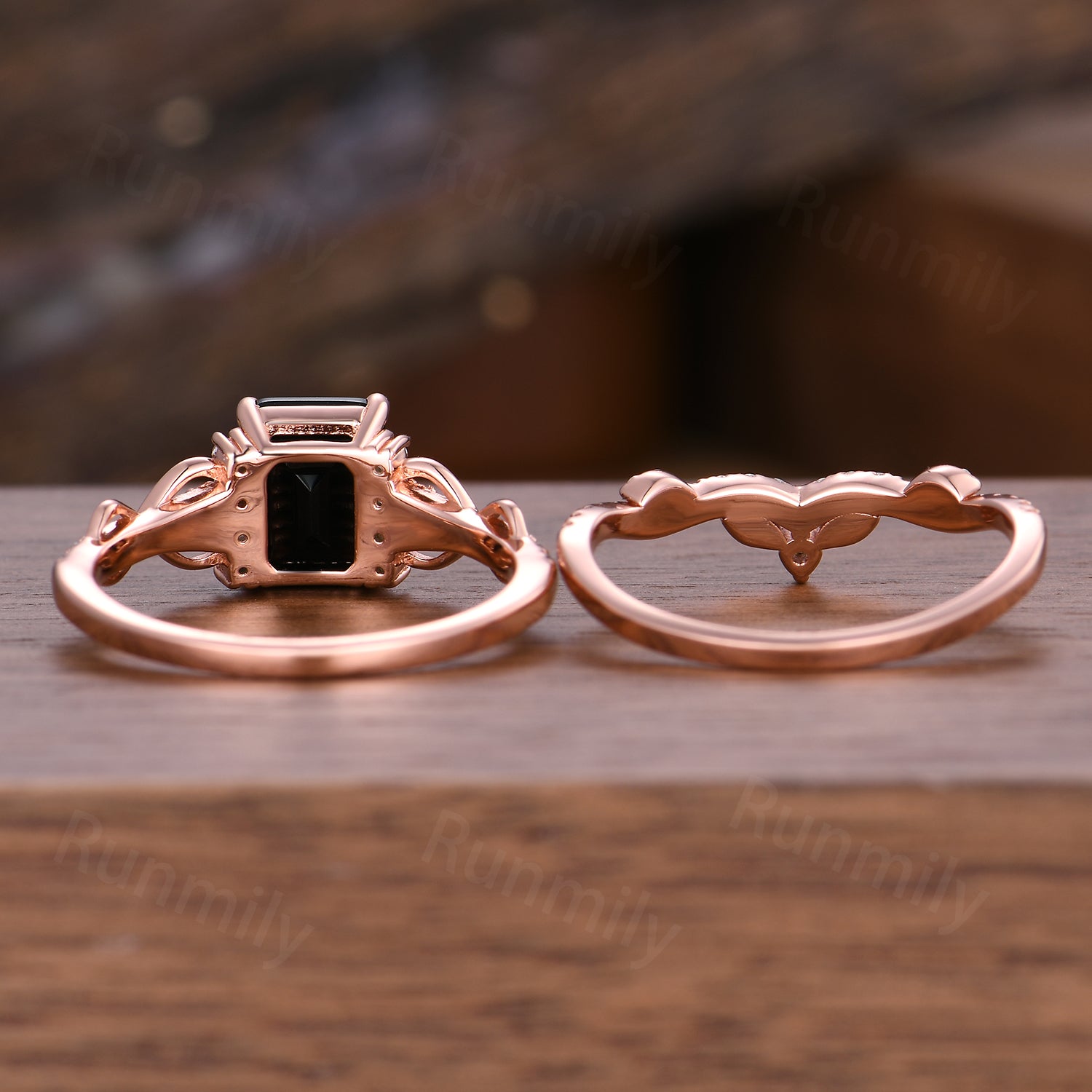 Emerald Cut Black Onyx Engagement Ring Set Unique Rose Gold Bridal Ring Set Moissanite Cluster Wedding Curved Stacking Band Promise Ring Set