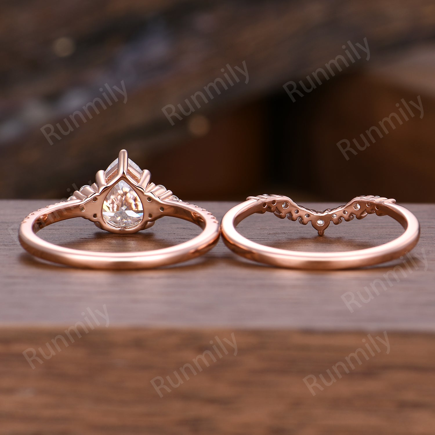 Pear Cut Moissanite Engagement Ring Set Unique Rose Gold Bridal Ring Set Moissanite Cluster Wedding Curved Stacking Band Promise Ring Set