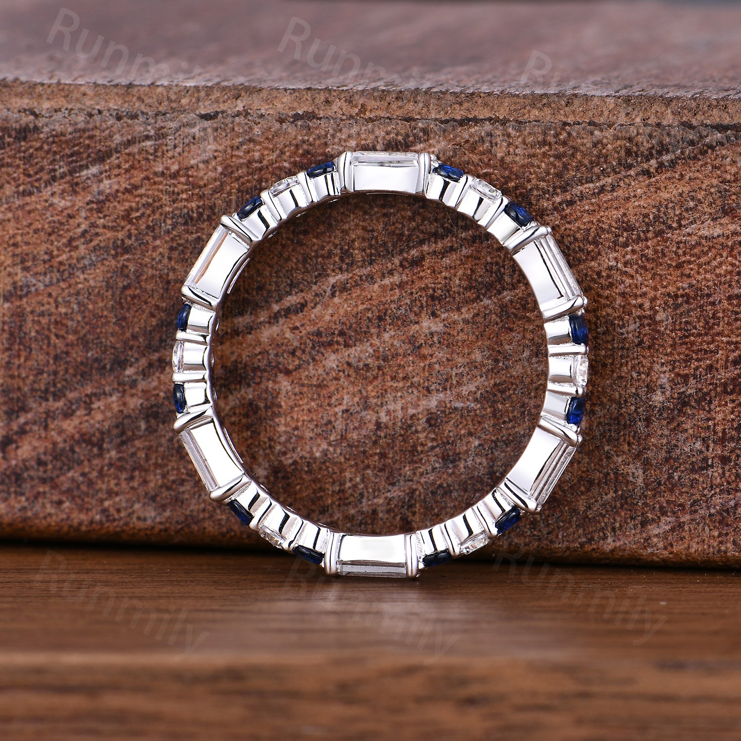 Vintage Baguette Moissanite Wedding Band Unique Sterling Silver Blue Sapphire Stackable Ring Anniversary Art Deco White Gold Wedding Band