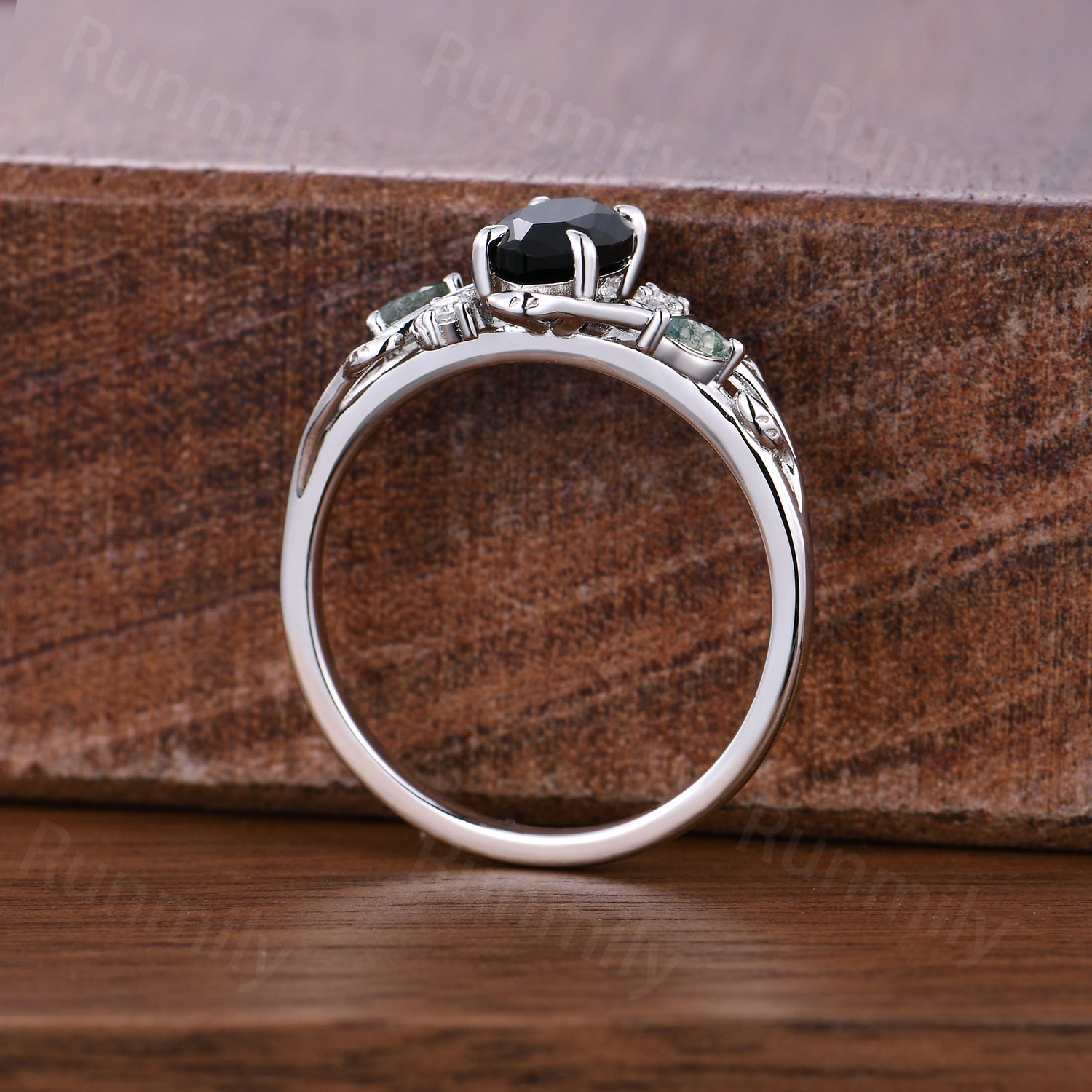 Marquise cut Black onyx engagement ring Moon and leaf Ring Unique moss agate ring Black gemstone Bridal ring Promise Anniversary ring