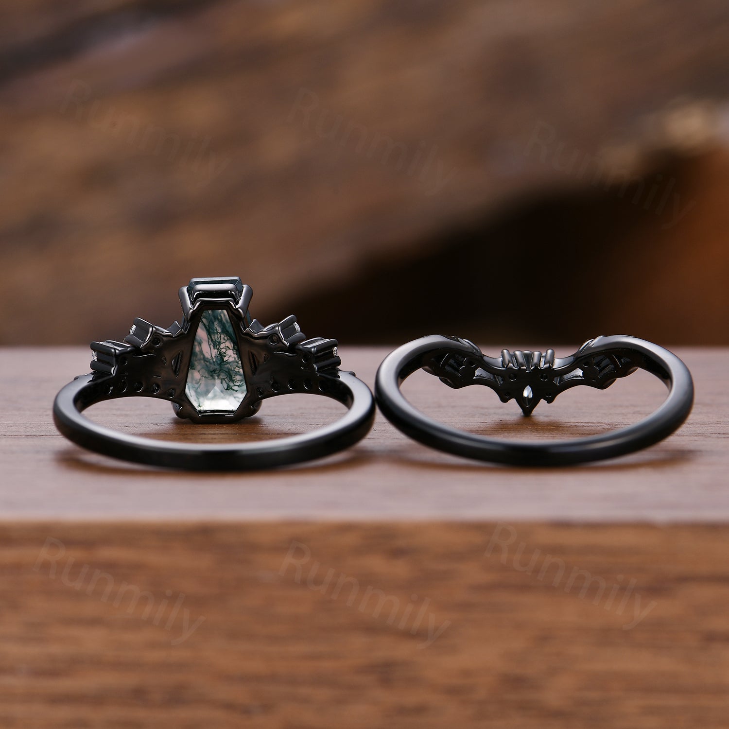 Gothic Bat Wing Moss Agate Engagement Ring Black Gold Coffin cut Ring Unique Moissanite Wedding Vampire Bridal Ring Set