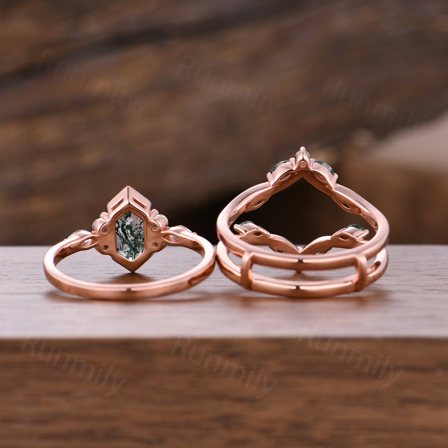 Hexagon moss agate engagement ring set Vintage double band wedding ring Unique Rose gold moissanite ring bridal promise women gift