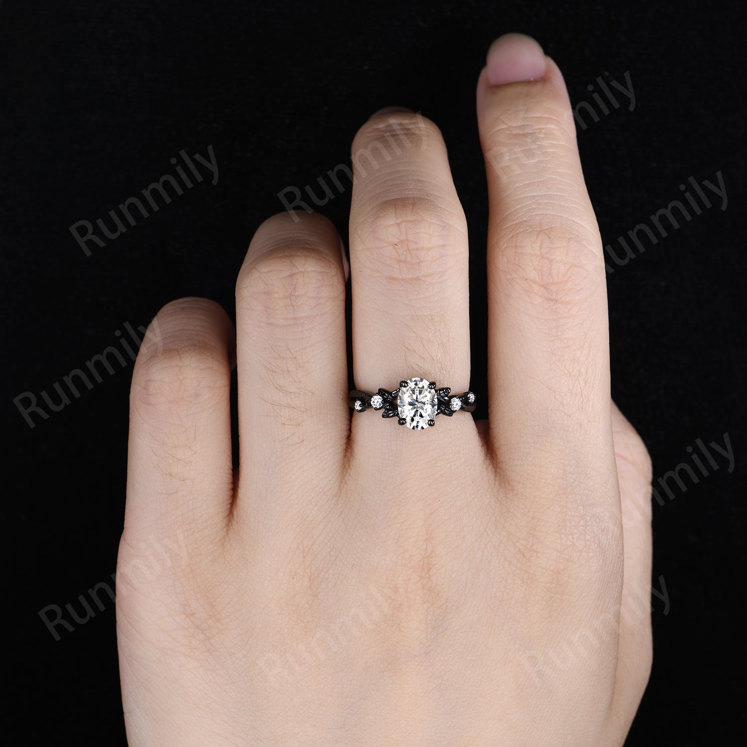 Vintage Oval Cut Moissanite Engagement Ring Black Gold Twig Leaf Moissanite Wedding Ring Nature Inspired Ring Art Deco Bridal Promise Ring