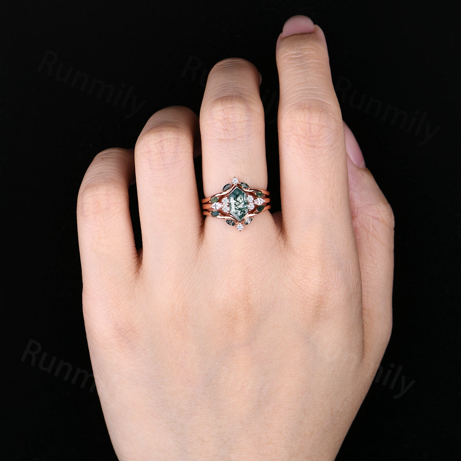 Hexagon moss agate engagement ring set Vintage double band wedding ring Unique Rose gold moissanite ring bridal promise women gift