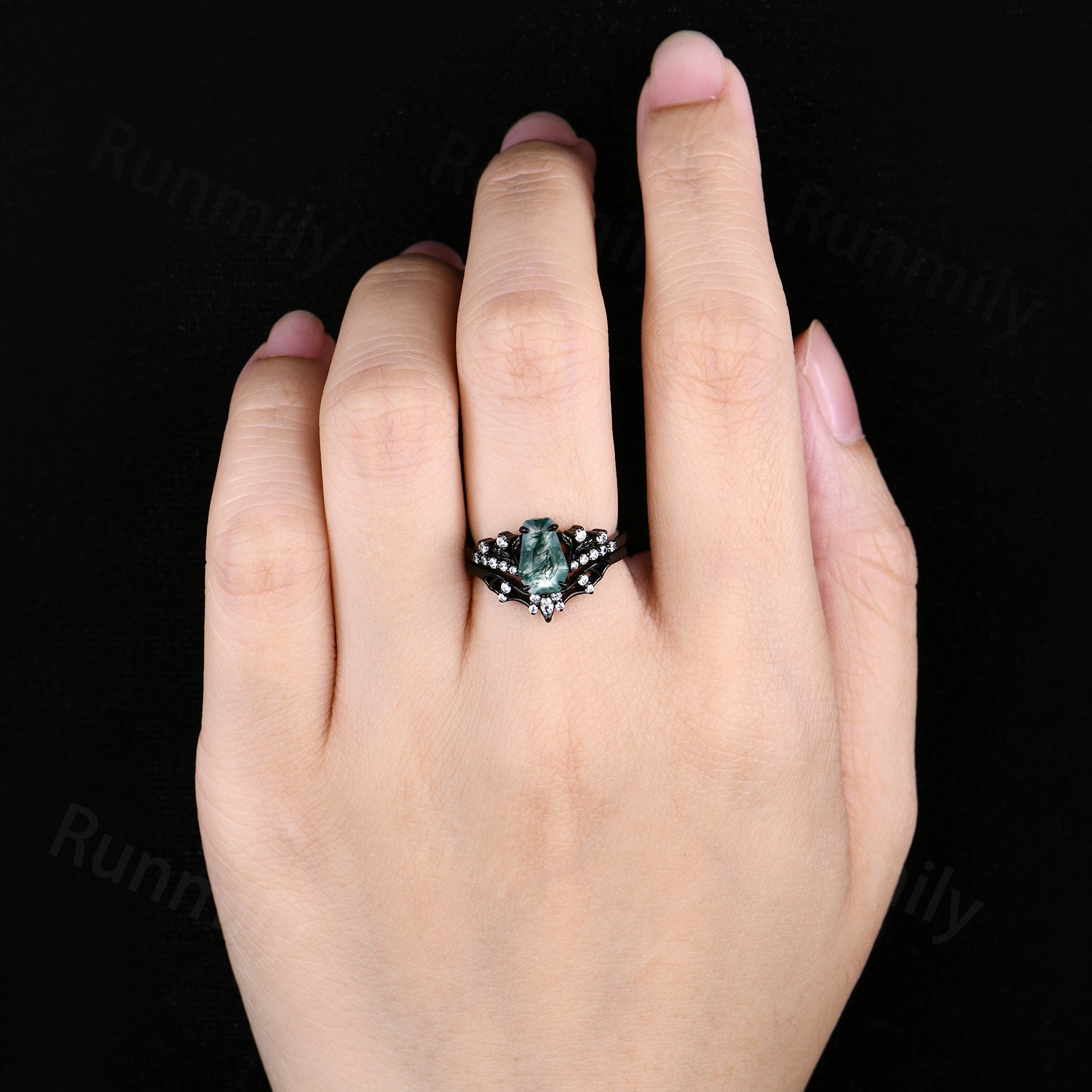 Gothic Bat Wing Moss Agate Engagement Ring Black Gold Coffin cut Ring Unique Moissanite Wedding Vampire Bridal Ring Set