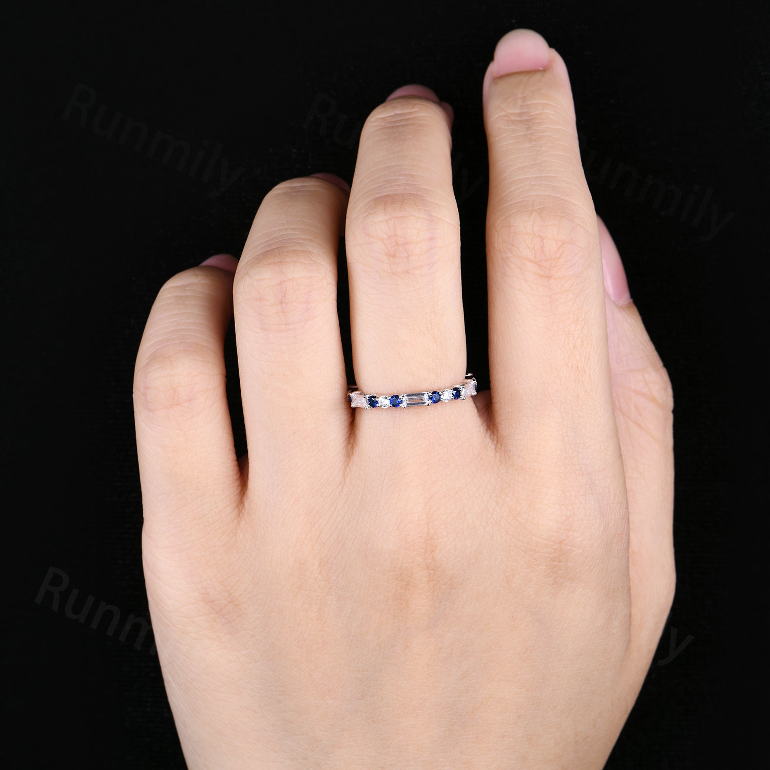 Vintage Baguette Moissanite Wedding Band Unique Sterling Silver Blue Sapphire Stackable Ring Anniversary Art Deco White Gold Wedding Band