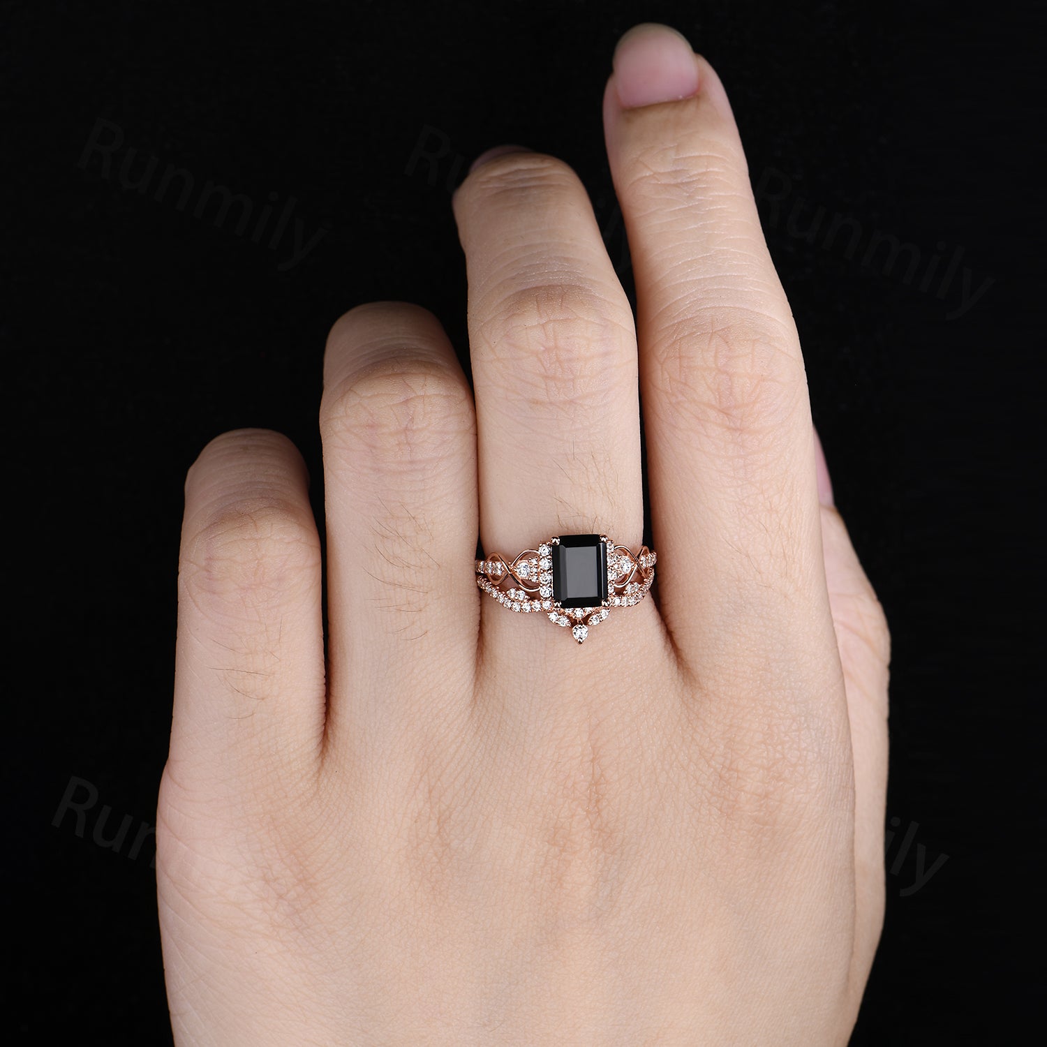 Emerald Cut Black Onyx Engagement Ring Set Unique Rose Gold Bridal Ring Set Moissanite Cluster Wedding Curved Stacking Band Promise Ring Set