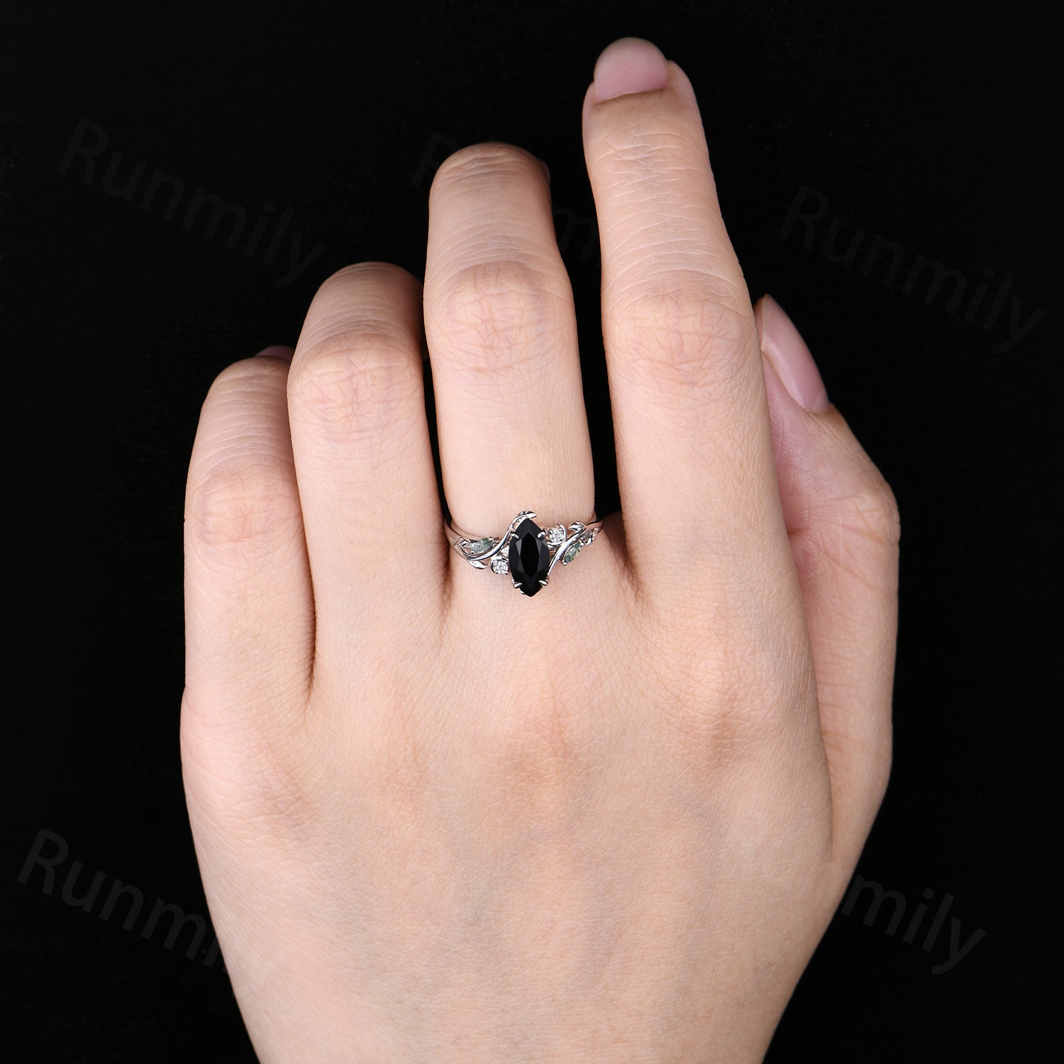 Marquise cut Black onyx engagement ring Moon and leaf Ring Unique moss agate ring Black gemstone Bridal ring Promise Anniversary ring