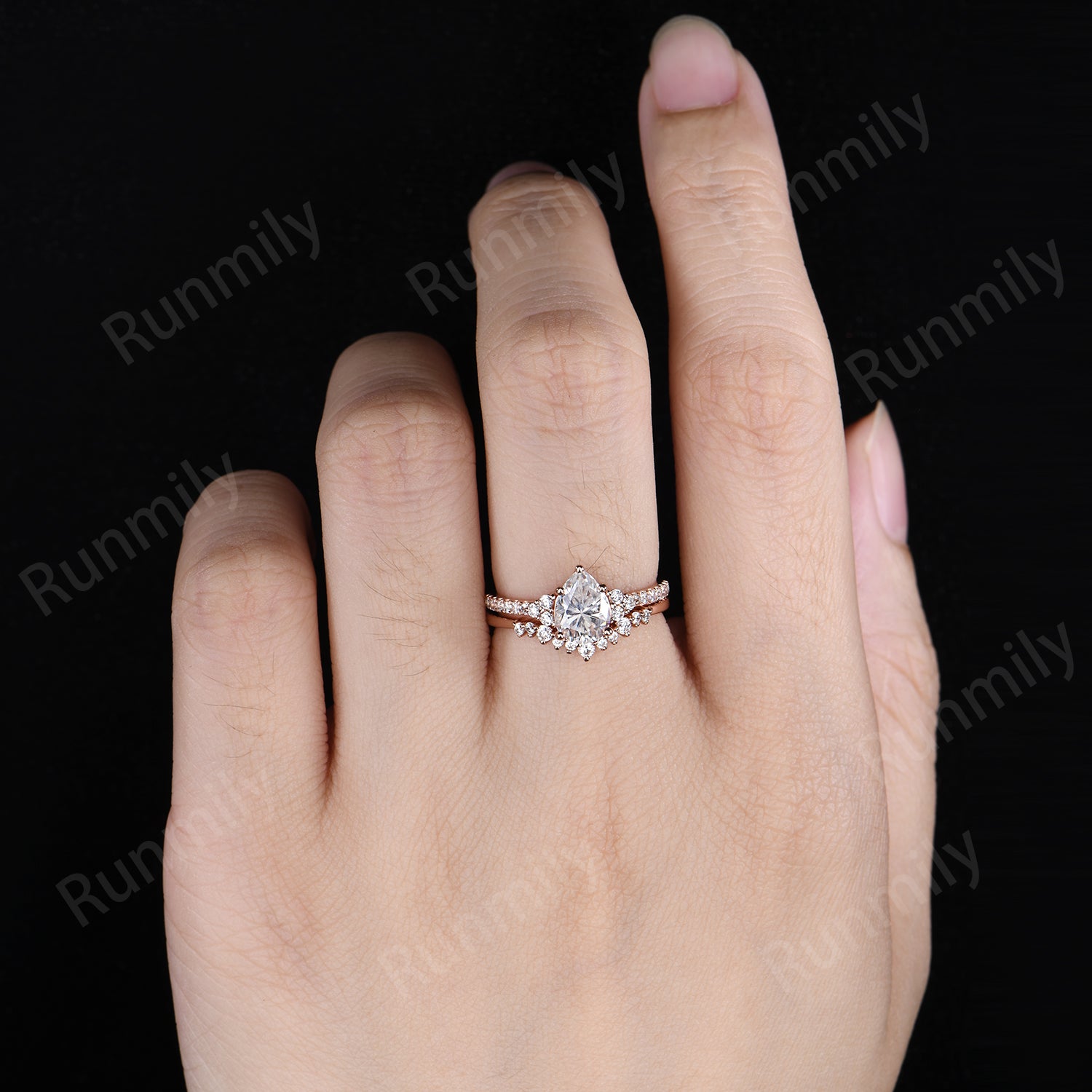 Pear Cut Moissanite Engagement Ring Set Unique Rose Gold Bridal Ring Set Moissanite Cluster Wedding Curved Stacking Band Promise Ring Set