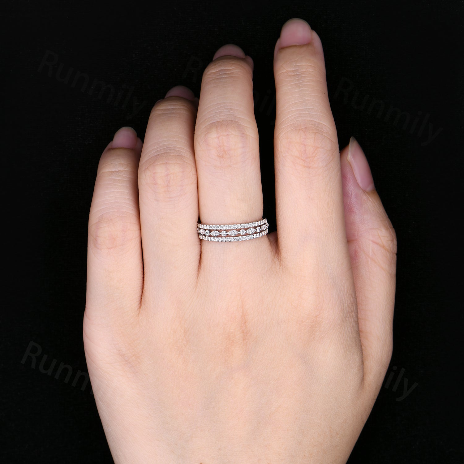 Vintage Three Row Moissanite Wedding Band Unique Sterling Silver Stackable Ring Anniversary Art Deco 14K White Gold Wedding Band
