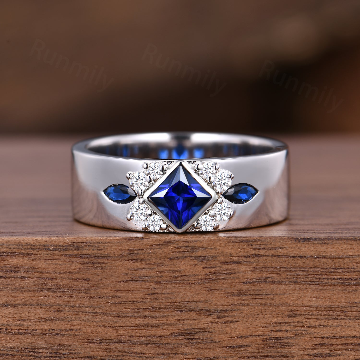Princess Cut Blue Sapphire Mens Wedding Band Unique Moissanite & Sapphire Cluster Stacking Wedding Band Engagement Anniversary Mens Ring