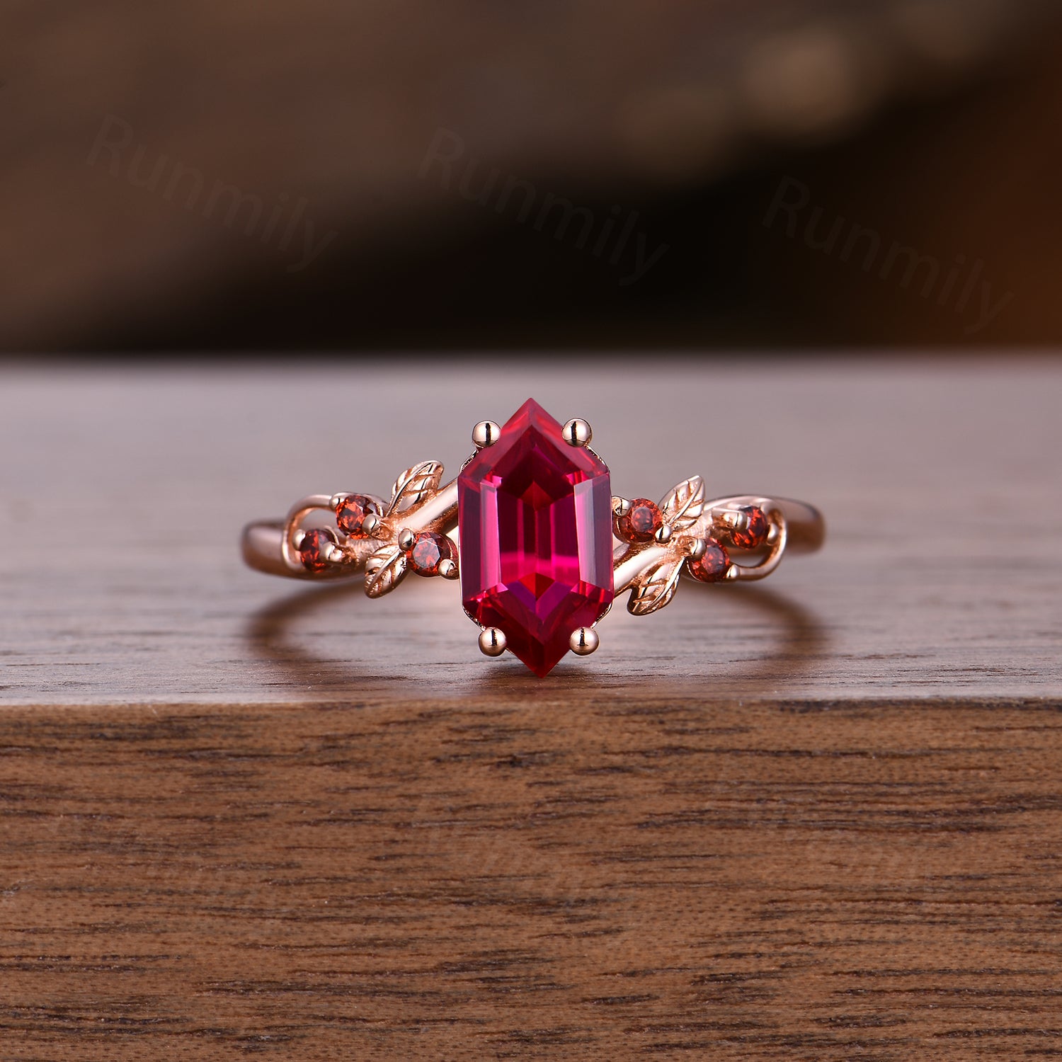 Nature-Inspired Ruby Garnet Engagement Ring Set: Rose Gold Leaf Style Bridal Promise Ring