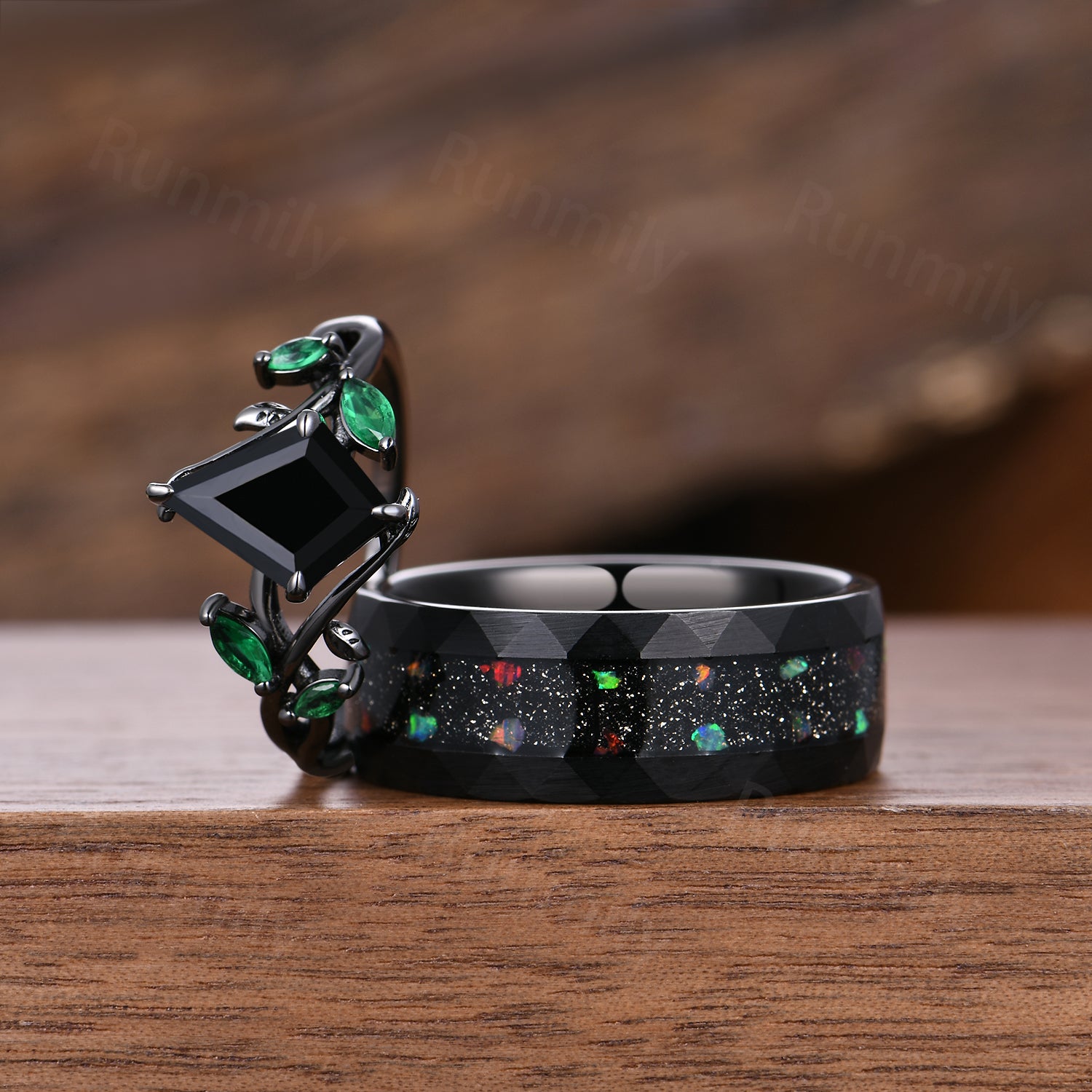 Twig Leaf Black Onyx Couples Ring Set Black Gold Wedding Bands Vintage Nature Inspired Ring Promise Rings For Couple