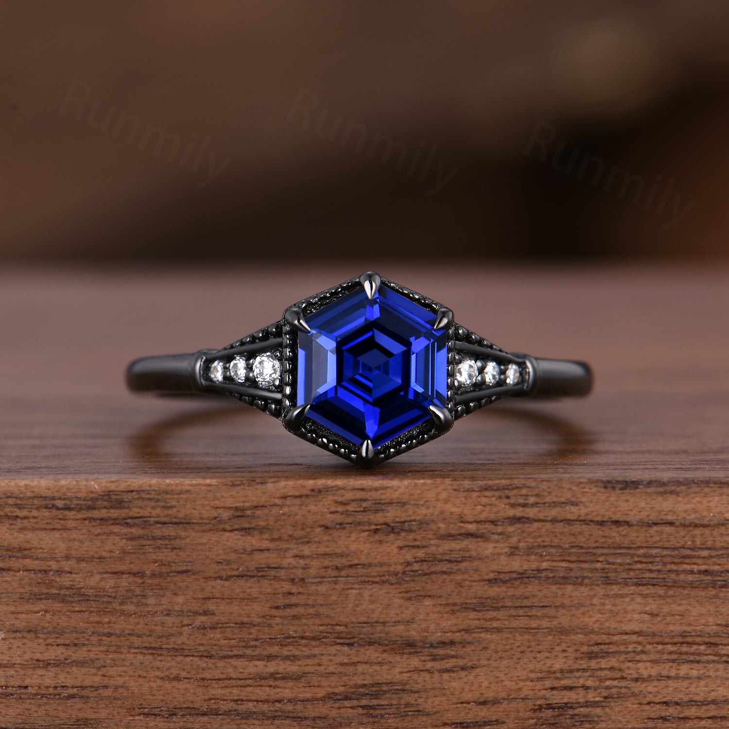 Gothic Black Gold Blue Sapphire Engagement Ring Set, Unique Curved Stacking Band, Art Deco Bridal Promise Ring