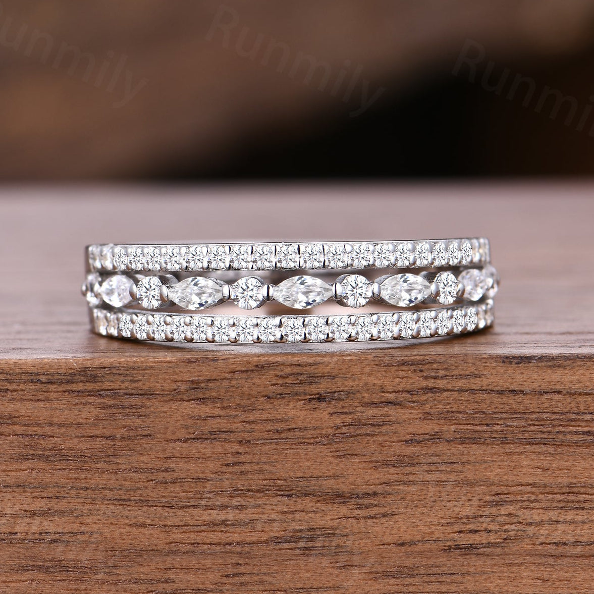 Vintage Three Row Moissanite Wedding Band Unique Sterling Silver Stackable Ring Anniversary Art Deco 14K White Gold Wedding Band