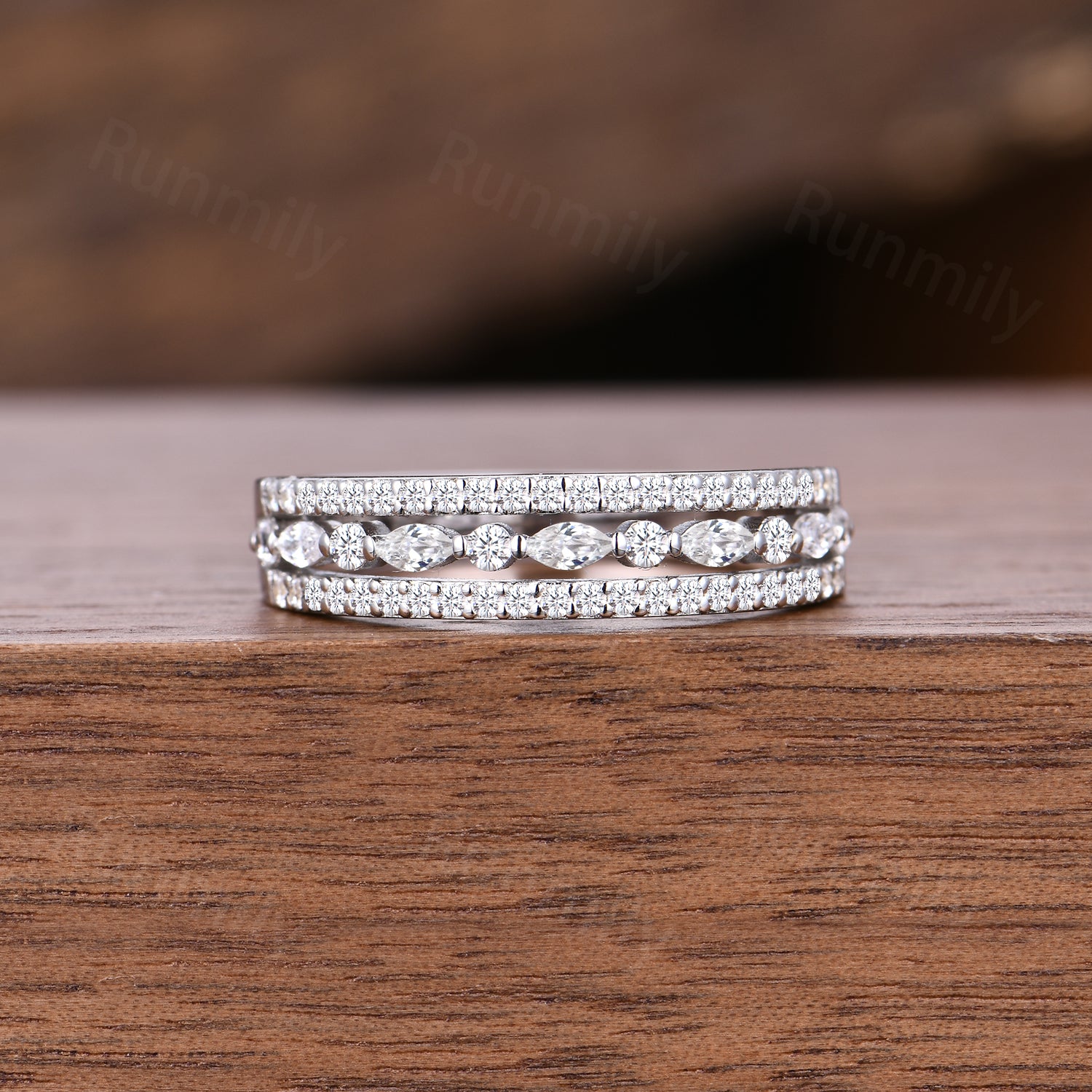 Vintage Three Row Moissanite Wedding Band Unique Sterling Silver Stackable Ring Anniversary Art Deco 14K White Gold Wedding Band
