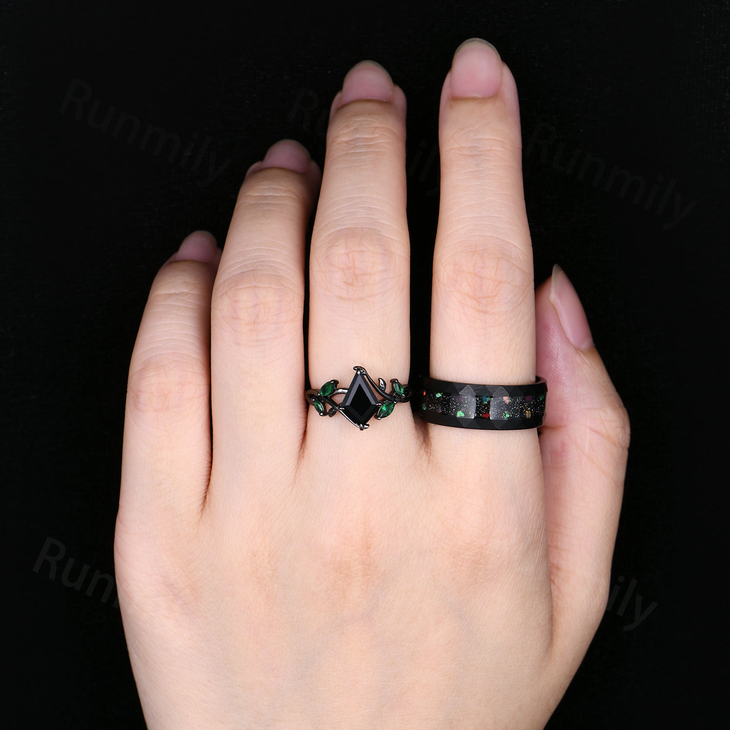 Twig Leaf Black Onyx Couples Ring Set Black Gold Wedding Bands Vintage Nature Inspired Ring Promise Rings For Couple