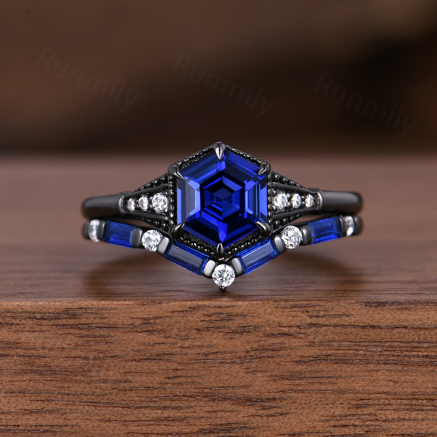 Gothic Black Gold Blue Sapphire Engagement Ring Set, Unique Curved Stacking Band, Art Deco Bridal Promise Ring