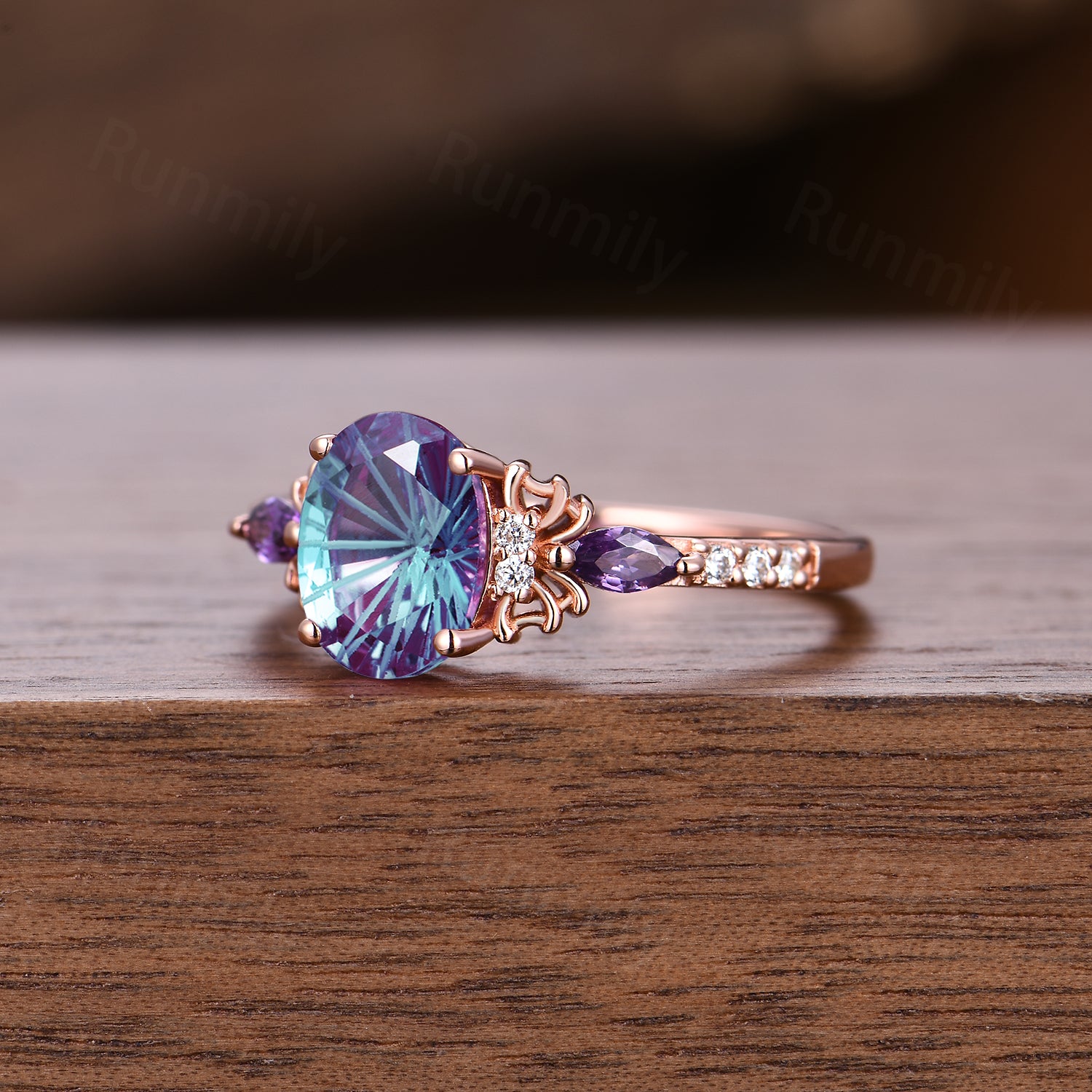 1.5CT Firework Cut Color-Change Alexandrite Ring Oval Cut Engagement Ring Unique Amethyst Diamond Bridal Ring Spider Web Ring