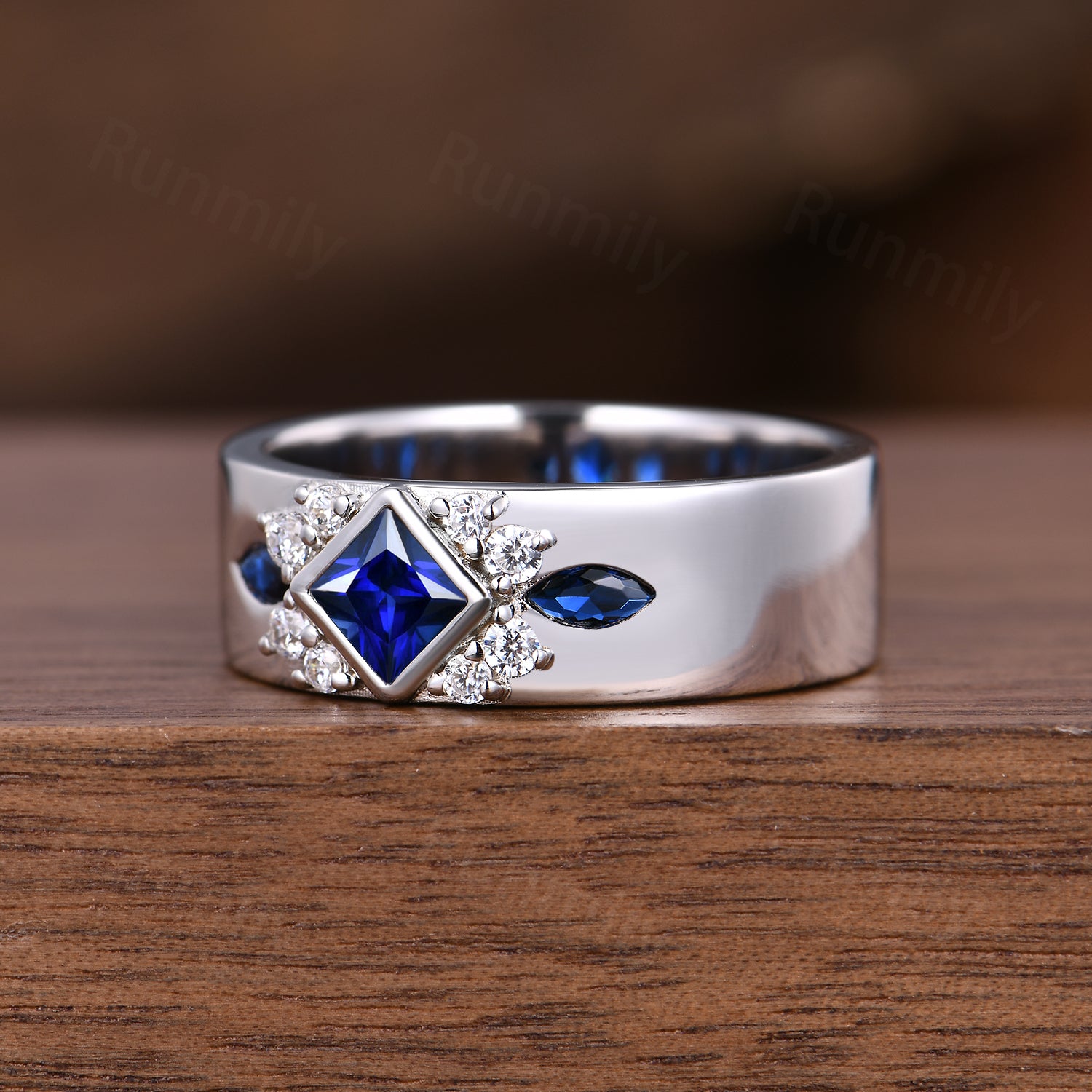 Princess Cut Blue Sapphire Mens Wedding Band Unique Moissanite & Sapphire Cluster Stacking Wedding Band Engagement Anniversary Mens Ring