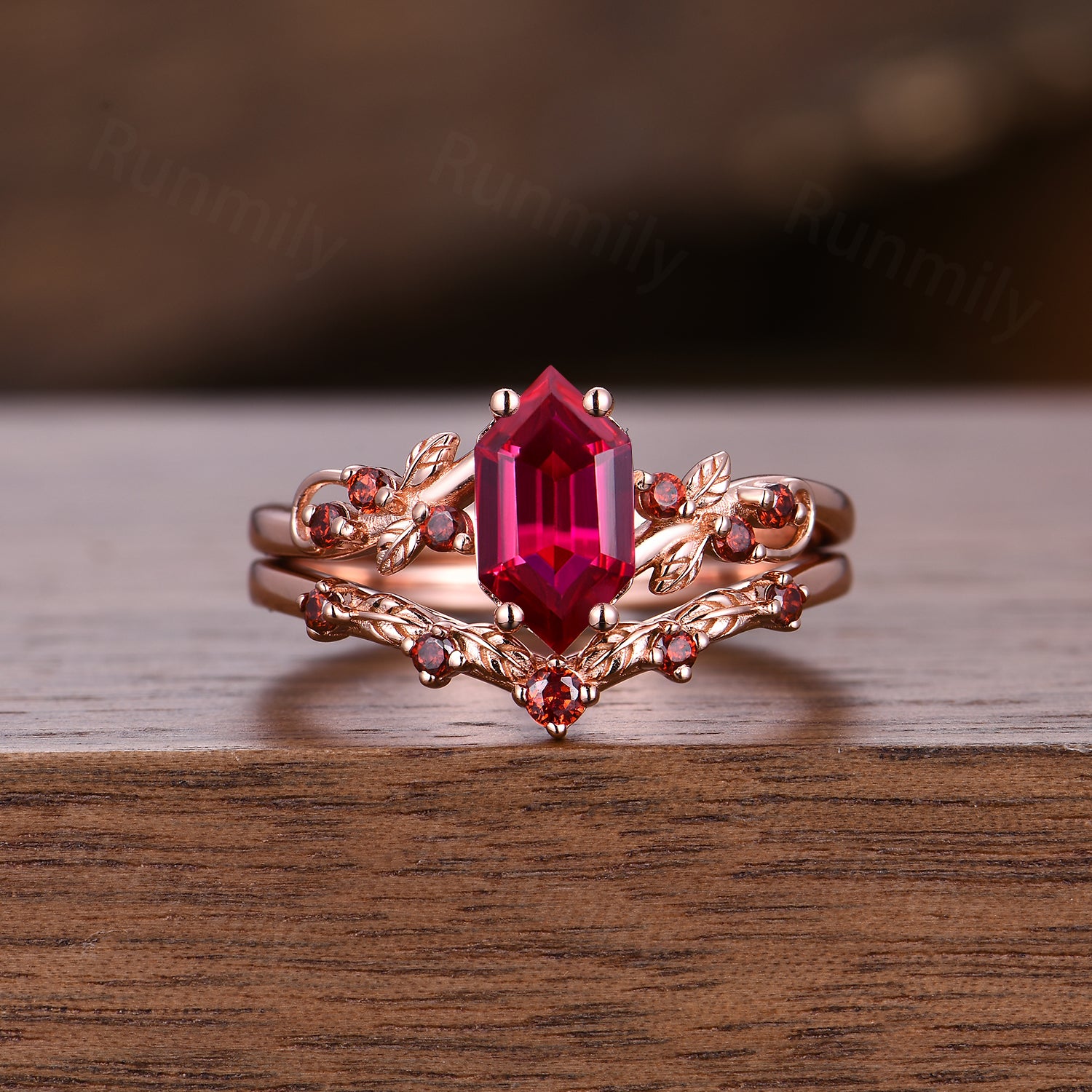 Nature-Inspired Ruby Garnet Engagement Ring Set: Rose Gold Leaf Style Bridal Promise Ring