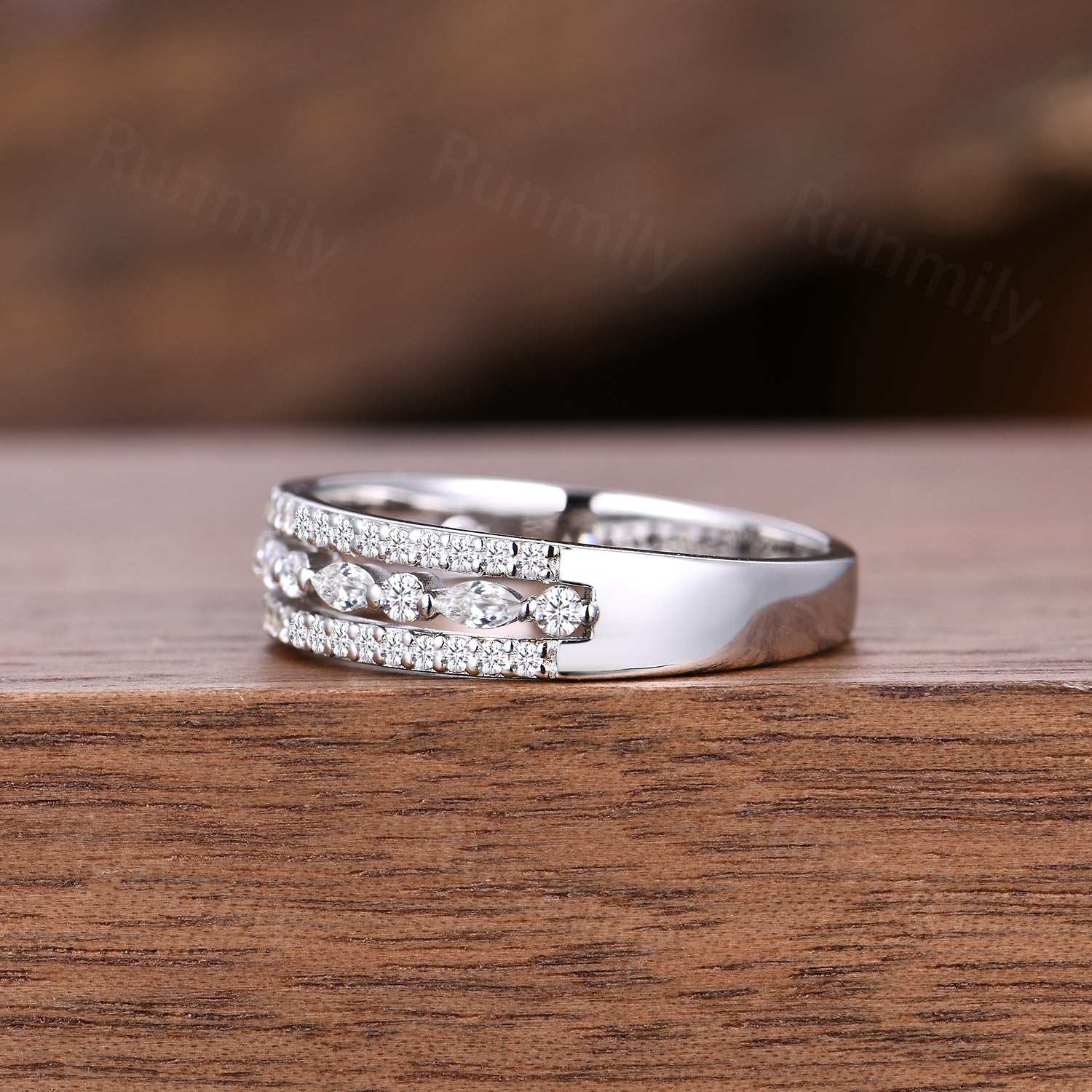 Vintage Three Row Moissanite Wedding Band Unique Sterling Silver Stackable Ring Anniversary Art Deco 14K White Gold Wedding Band
