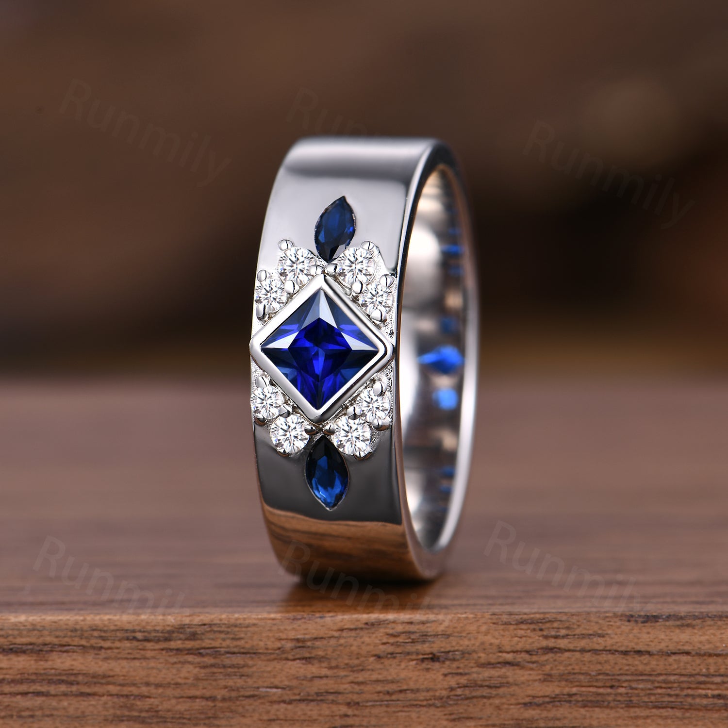 Princess Cut Blue Sapphire Mens Wedding Band Unique Moissanite & Sapphire Cluster Stacking Wedding Band Engagement Anniversary Mens Ring