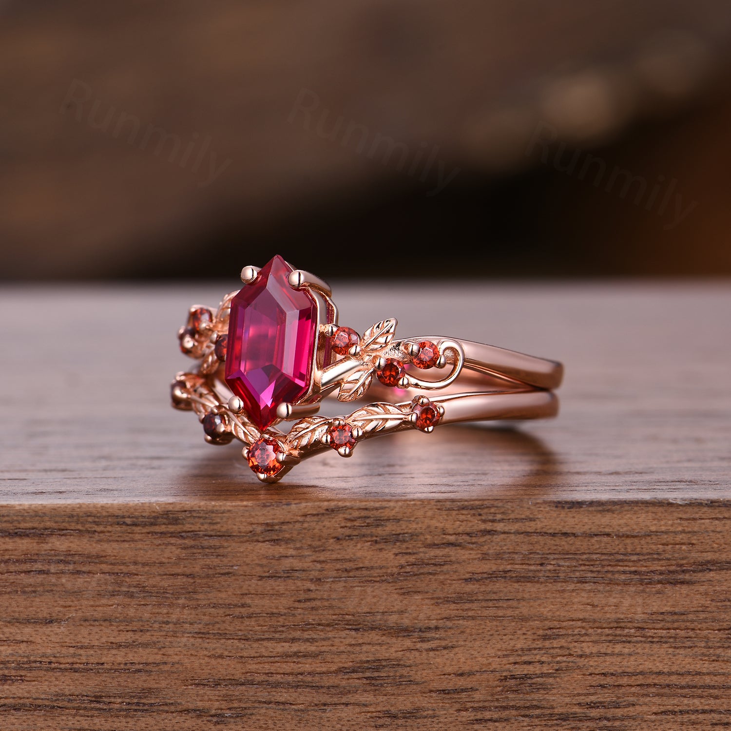 Nature-Inspired Ruby Garnet Engagement Ring Set: Rose Gold Leaf Style Bridal Promise Ring