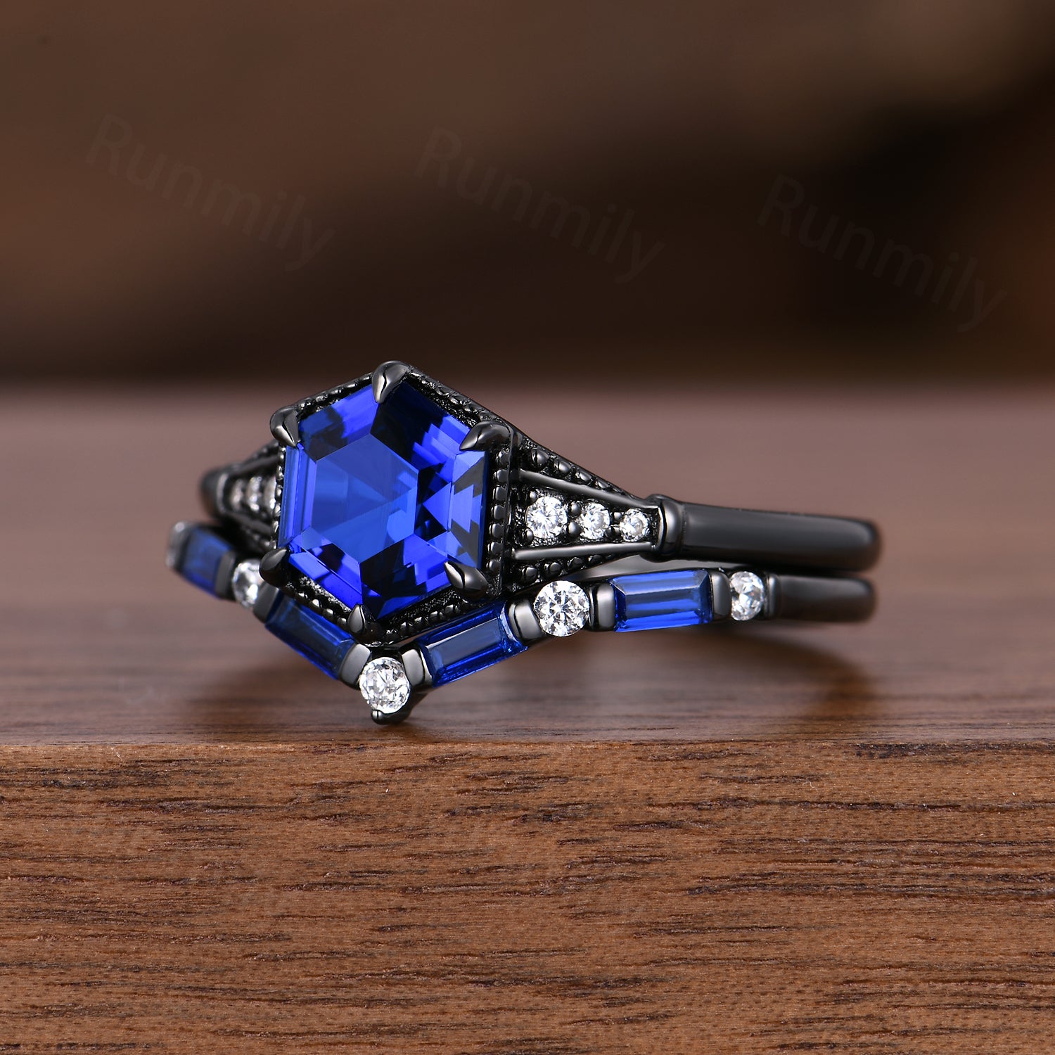 Gothic Black Gold Blue Sapphire Engagement Ring Set, Unique Curved Stacking Band, Art Deco Bridal Promise Ring