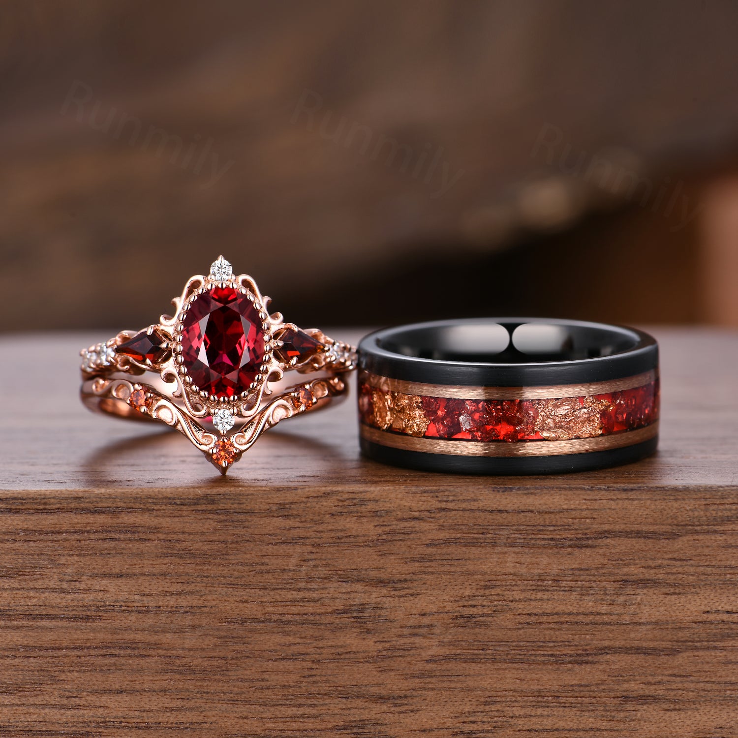 Vintage Ruby & Garnet Couples Ring Set His and Hers Matching Wedding Band Antique Filigree Bridal Ring Set Unique Couple Ring Promise Ring