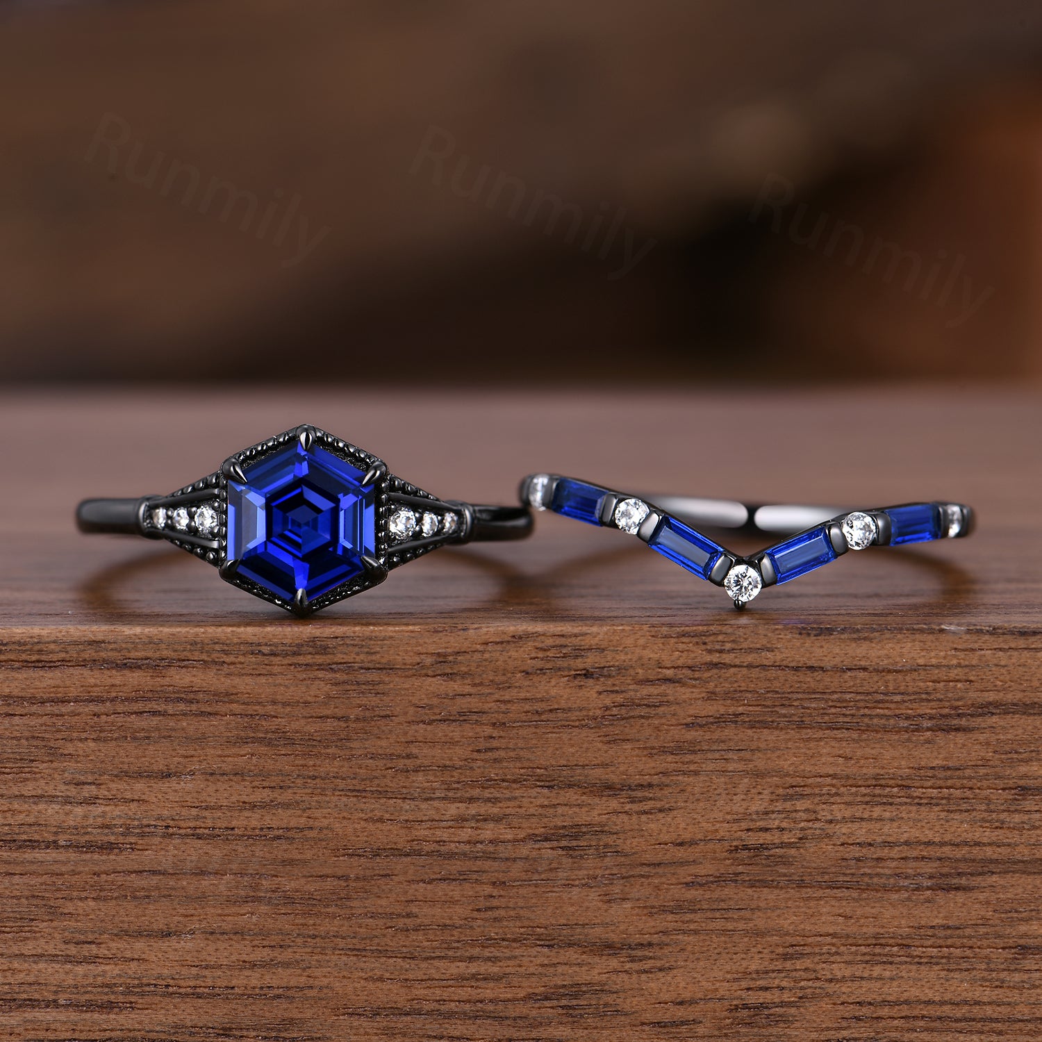 Gothic Black Gold Blue Sapphire Engagement Ring Set, Unique Curved Stacking Band, Art Deco Bridal Promise Ring
