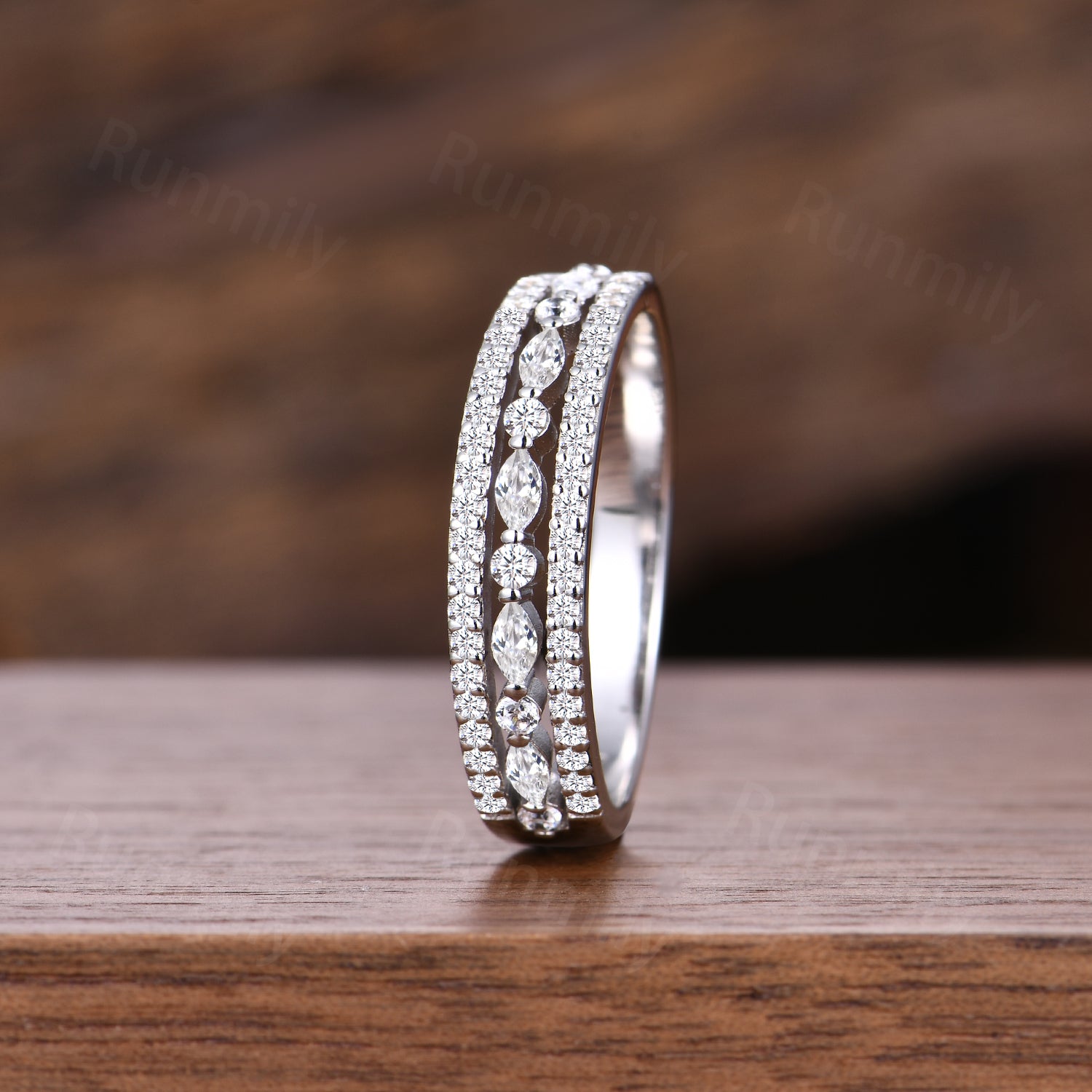 Vintage Three Row Moissanite Wedding Band Unique Sterling Silver Stackable Ring Anniversary Art Deco 14K White Gold Wedding Band