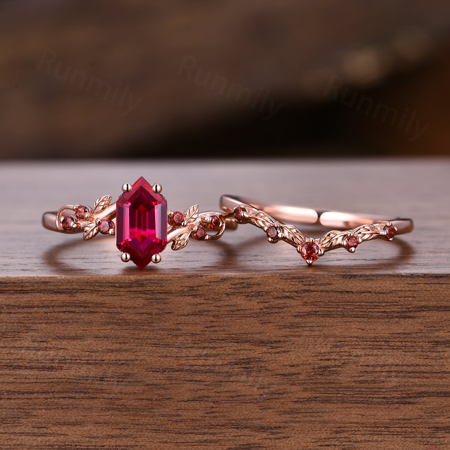 Nature-Inspired Ruby Garnet Engagement Ring Set: Rose Gold Leaf Style Bridal Promise Ring