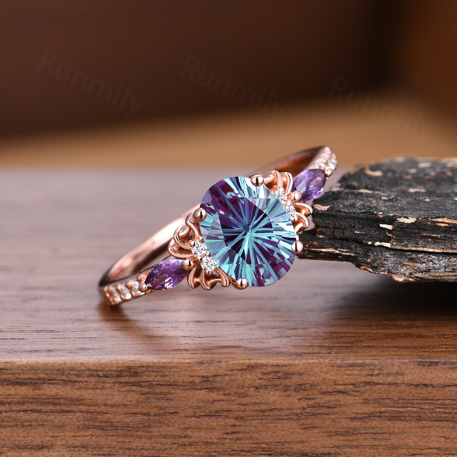 1.5CT Firework Cut Color-Change Alexandrite Ring Oval Cut Engagement Ring Unique Amethyst Diamond Bridal Ring Spider Web Ring