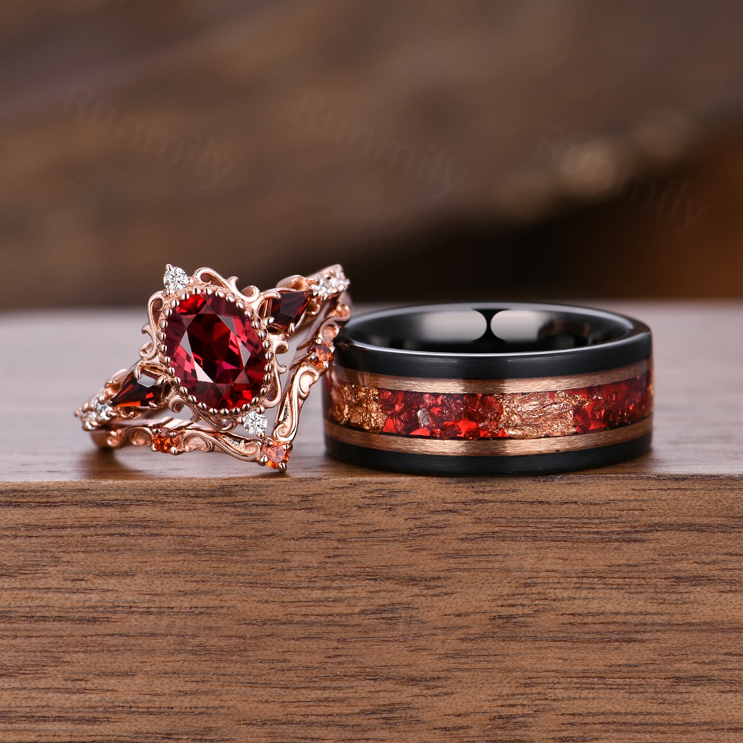 Vintage Ruby & Garnet Couples Ring Set His and Hers Matching Wedding Band Antique Filigree Bridal Ring Set Unique Couple Ring Promise Ring