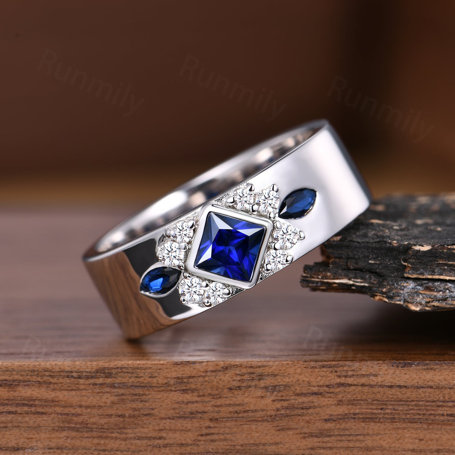 Princess Cut Blue Sapphire Mens Wedding Band Unique Moissanite & Sapphire Cluster Stacking Wedding Band Engagement Anniversary Mens Ring
