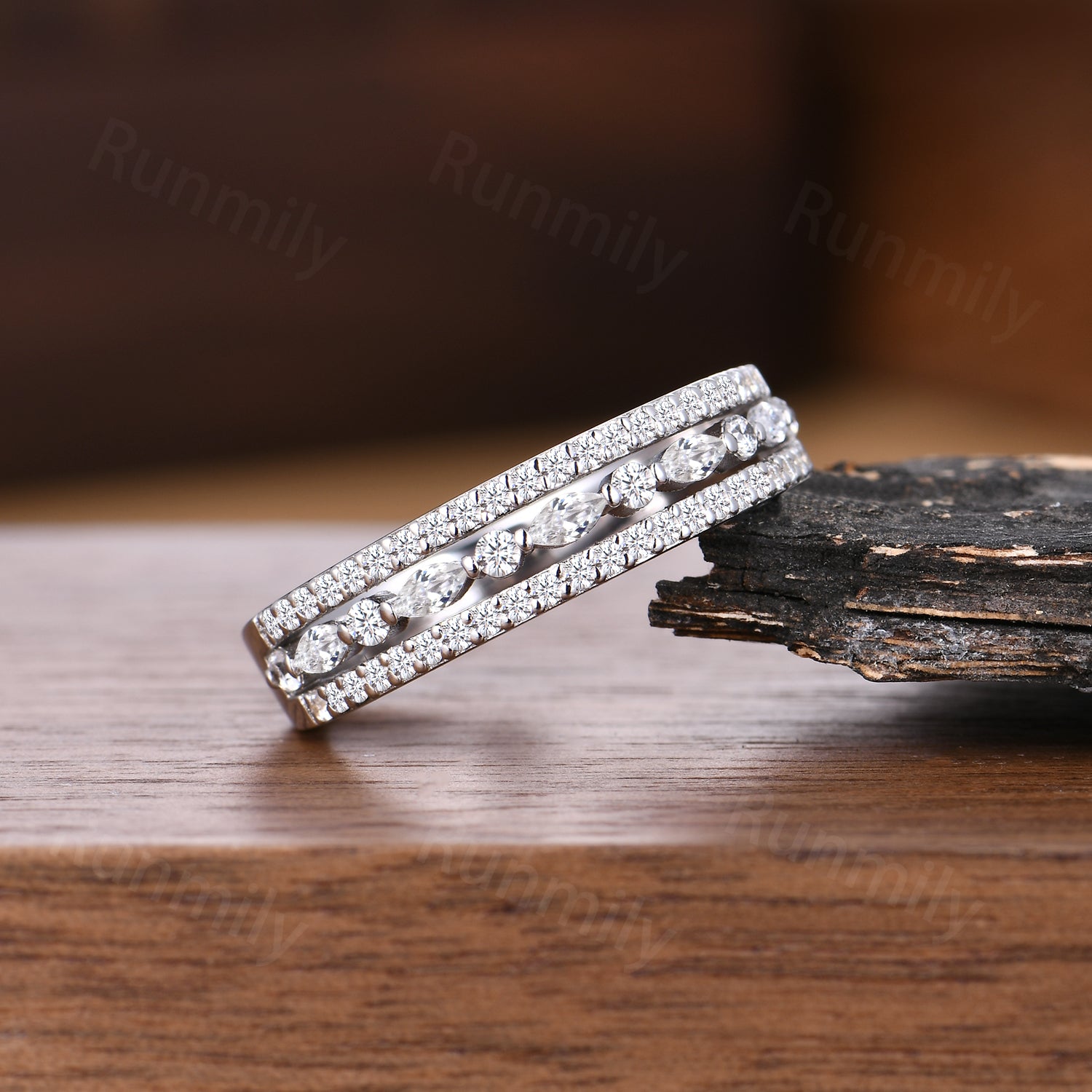 Vintage Three Row Moissanite Wedding Band Unique Sterling Silver Stackable Ring Anniversary Art Deco 14K White Gold Wedding Band