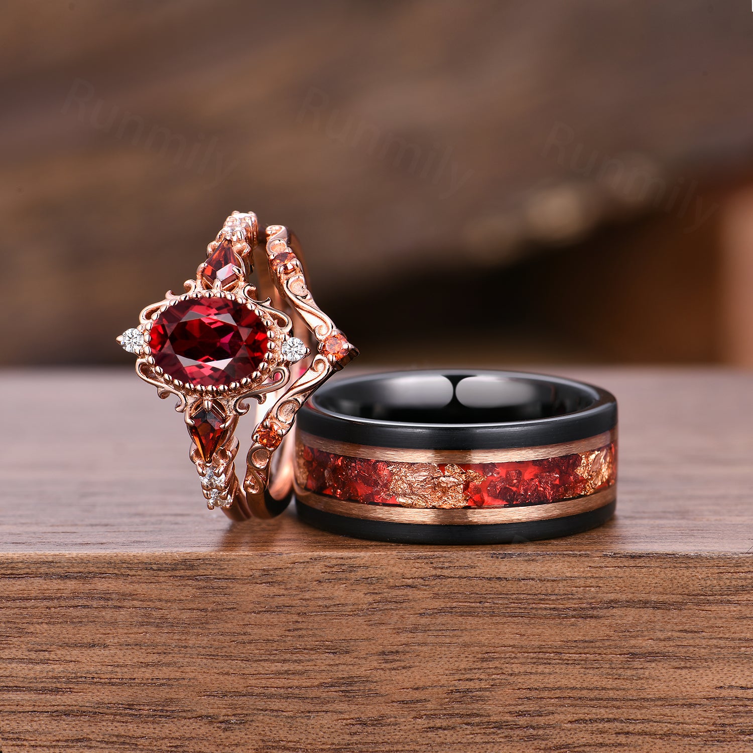 Vintage Ruby & Garnet Couples Ring Set His and Hers Matching Wedding Band Antique Filigree Bridal Ring Set Unique Couple Ring Promise Ring