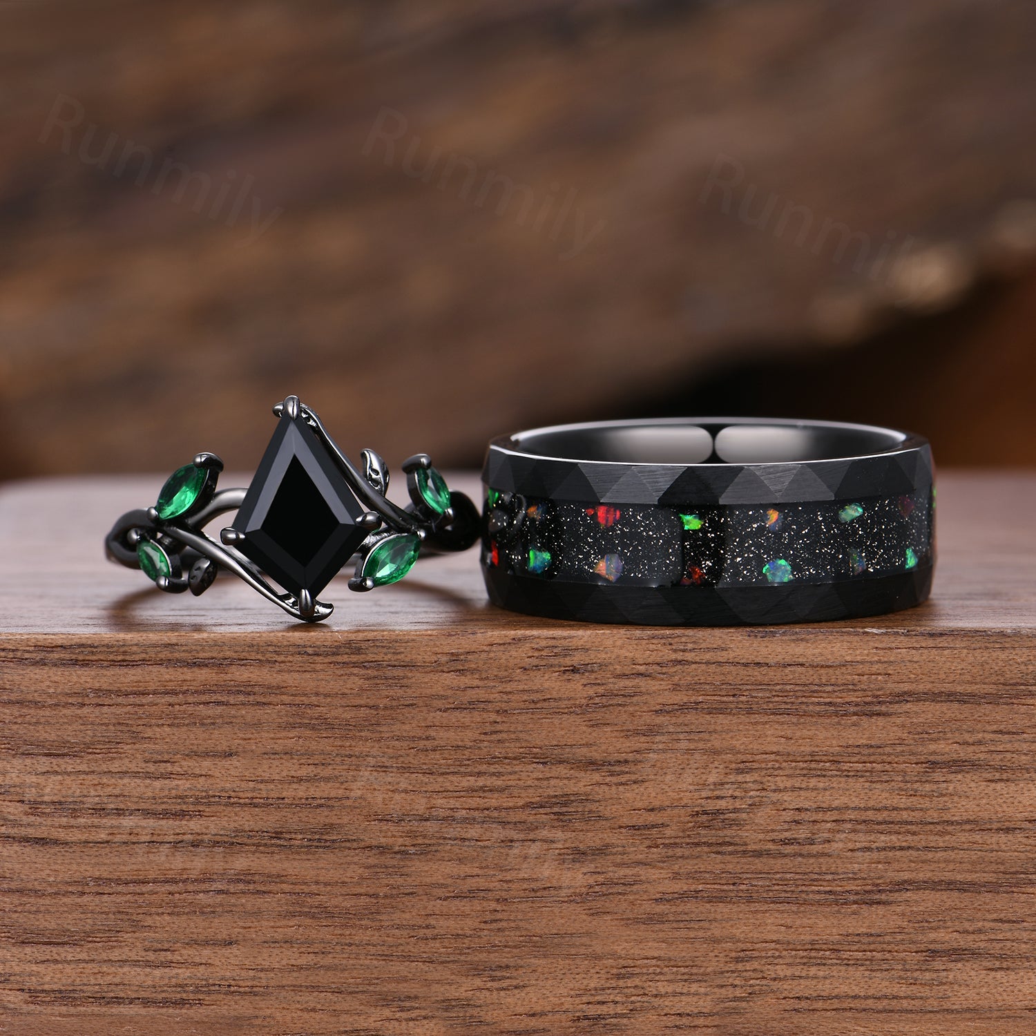 Twig Leaf Black Onyx Couples Ring Set Black Gold Wedding Bands Vintage Nature Inspired Ring Promise Rings For Couple