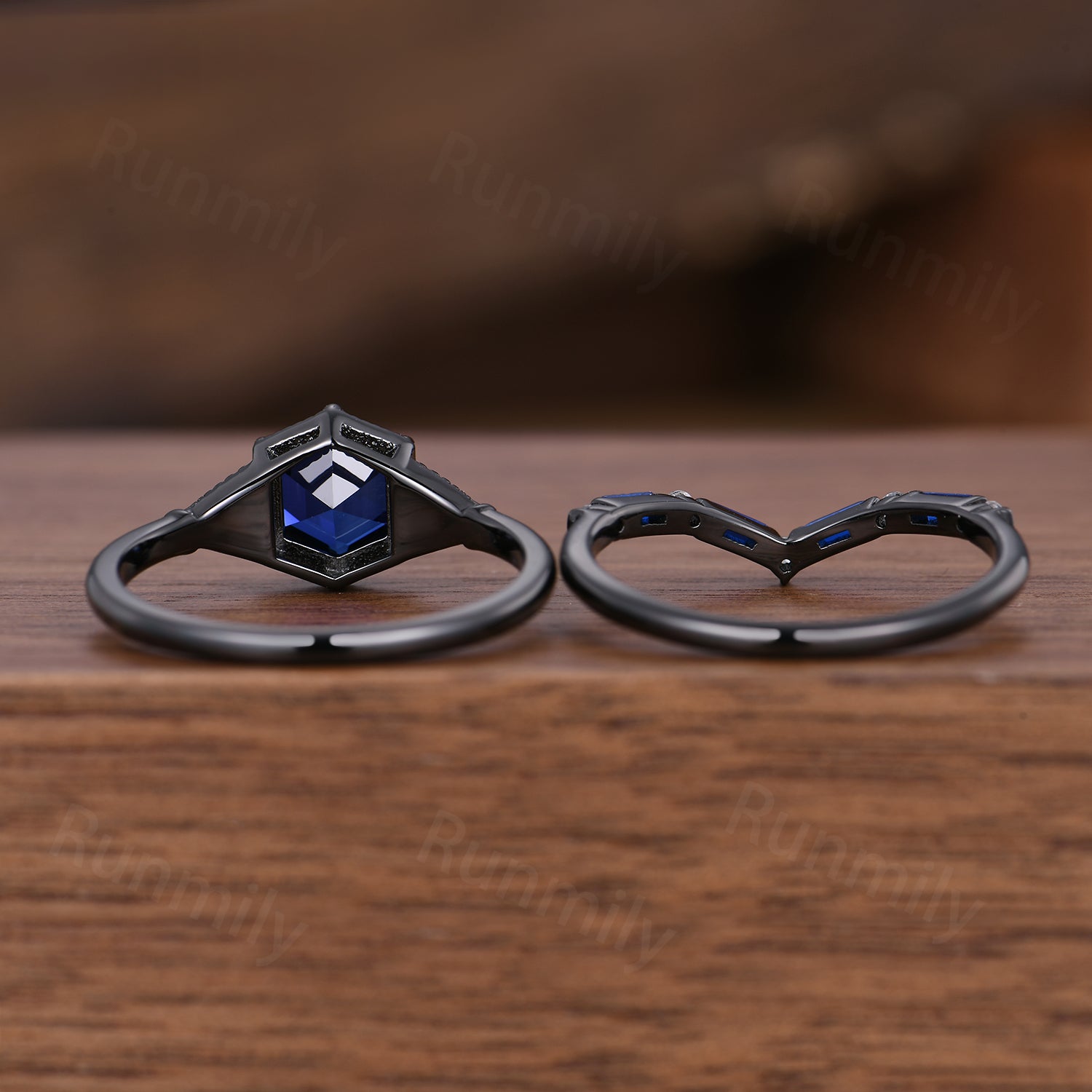 Gothic Black Gold Blue Sapphire Engagement Ring Set, Unique Curved Stacking Band, Art Deco Bridal Promise Ring