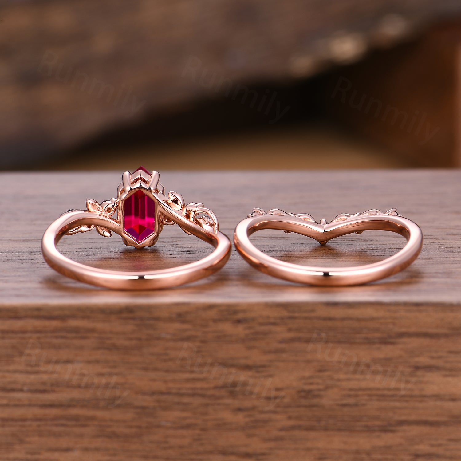 Nature-Inspired Ruby Garnet Engagement Ring Set: Rose Gold Leaf Style Bridal Promise Ring