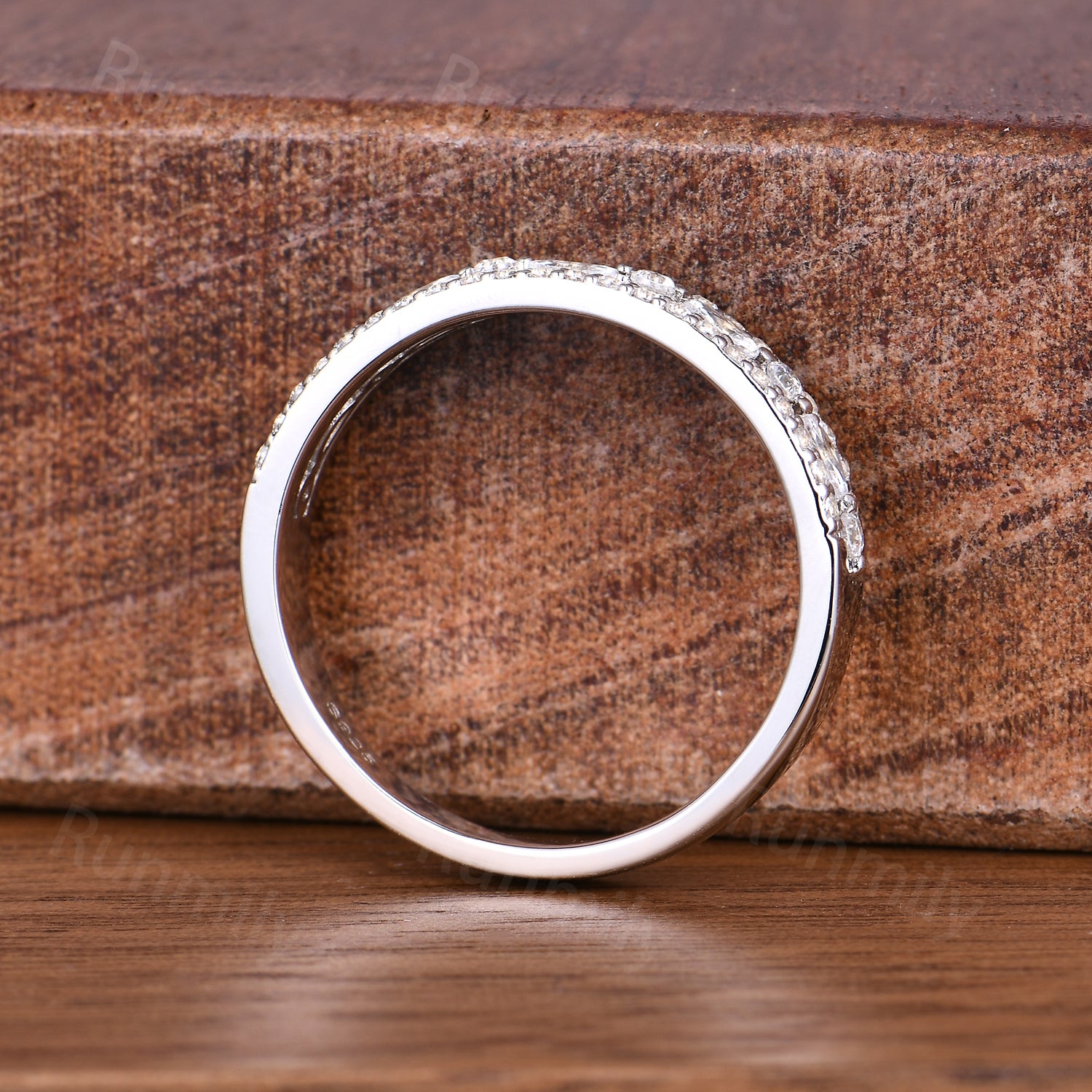 Vintage Three Row Moissanite Wedding Band Unique Sterling Silver Stackable Ring Anniversary Art Deco 14K White Gold Wedding Band