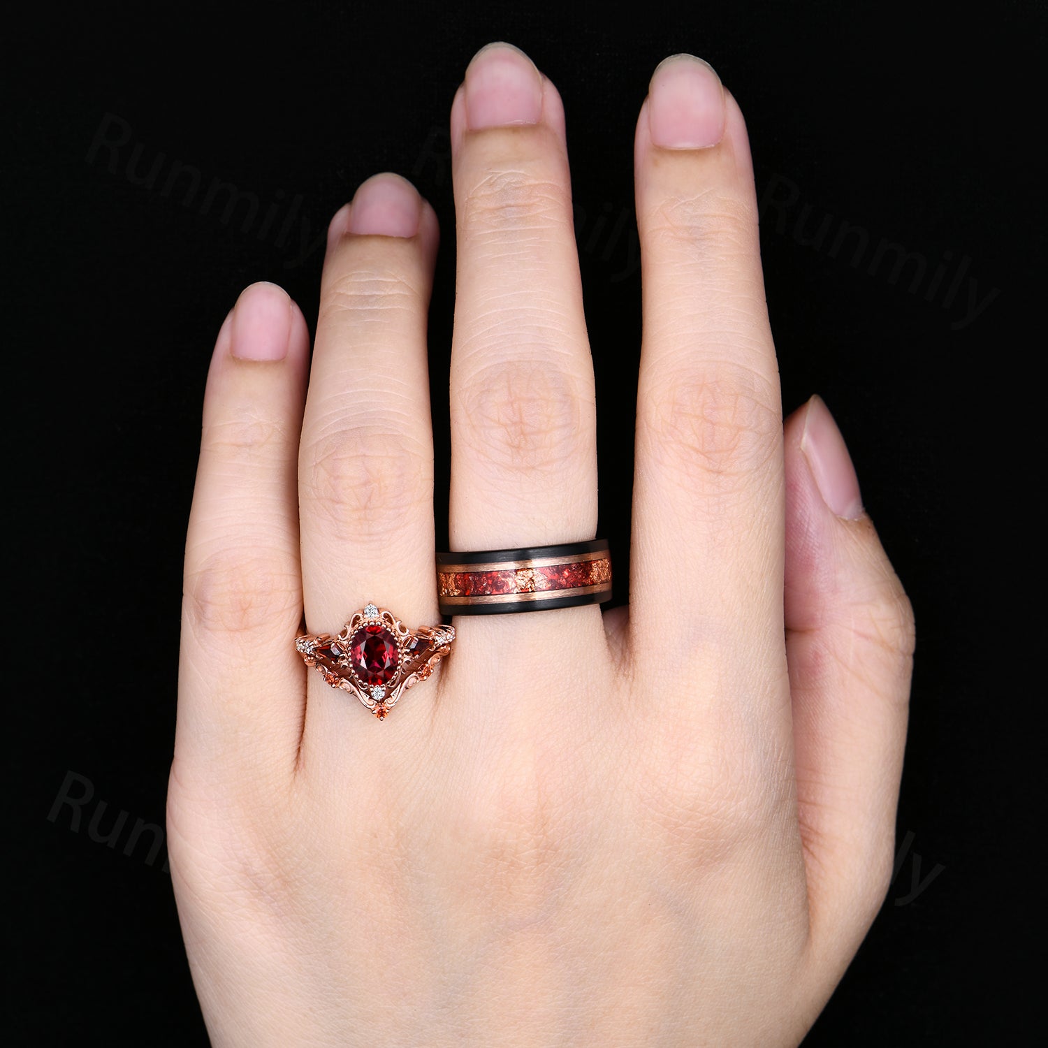 Vintage Ruby & Garnet Couples Ring Set His and Hers Matching Wedding Band Antique Filigree Bridal Ring Set Unique Couple Ring Promise Ring